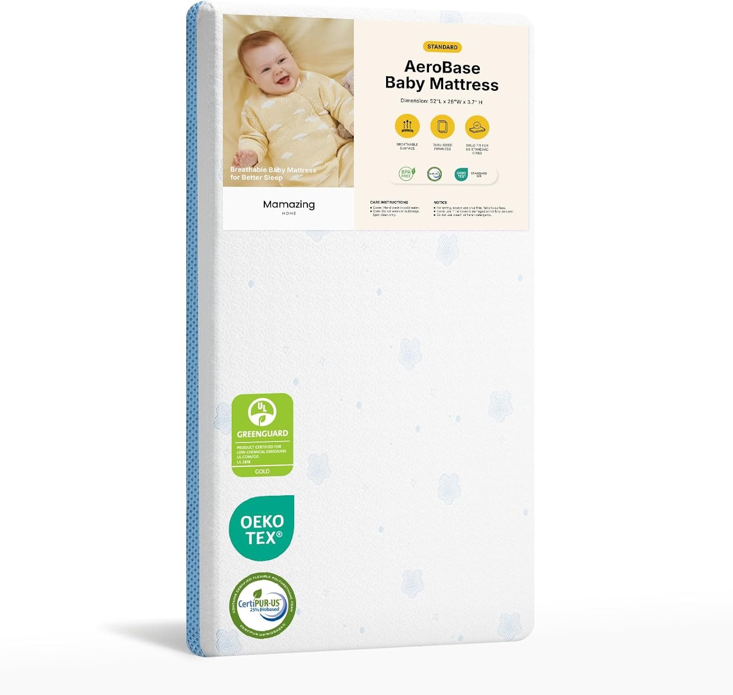 MAMAZING Aerobase Baby Crib and Toddler Mattress 52" L x 28" W, 2-Stage Breathable Mattress, Non-Toxic, Waterproof Liner, Machine-Washable Cover, Fits Standard Baby Crib & Toddler Bed