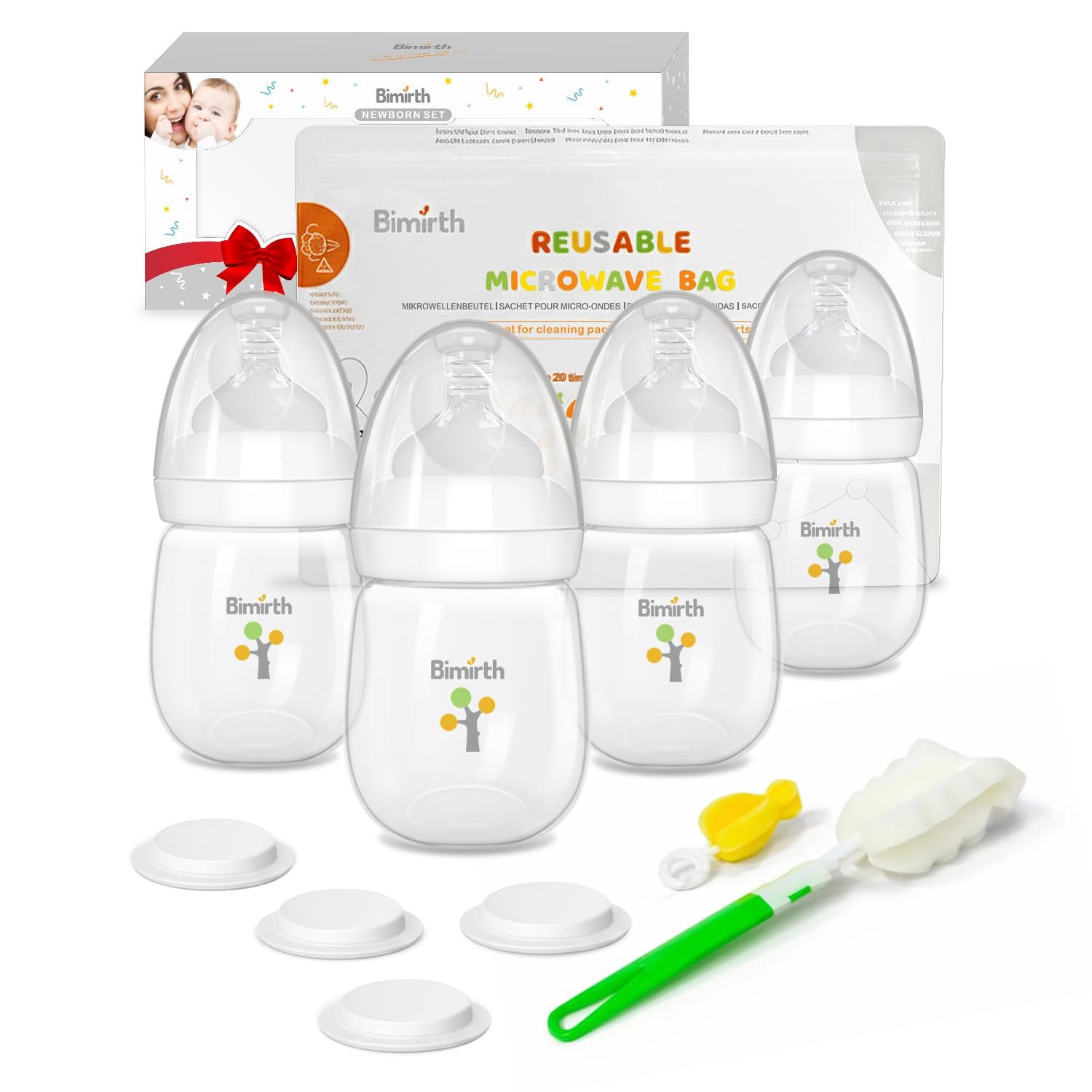 Baby Bottle Set for Newborns, Bimirth Feeding & Breast Milk Storage Bottles with Storage Lids, 11-Piece Wide-Neck Anti-Colic BPA-Free Starter Gift Set with Steam Bag & Cleaning Brushes (6oz/180ml)