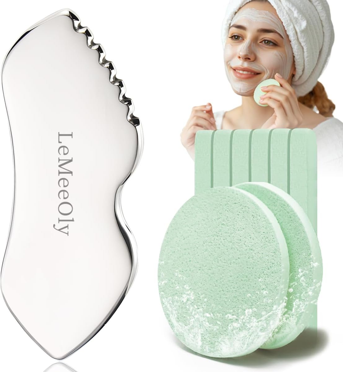 LeMeeOly Gua Sha Facial Tools Stainless Steel & Compressed Facial Sponges, Detail Metal GuaSha and Natural Spa Sponges for Facial Cleansing Skin Care，Guasha Stone Face Sculpting Tool