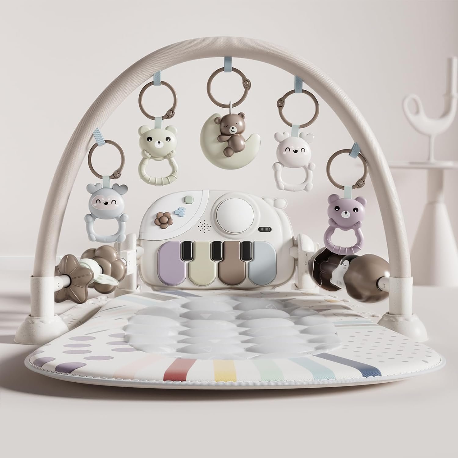 Jovow Baby Gym Play Mat with Detachable Musical Piano, Light Up Activity Center with 4 Rattles & Glowing Night Light, Educational Sensory Toys for Newborns 0-12 Months