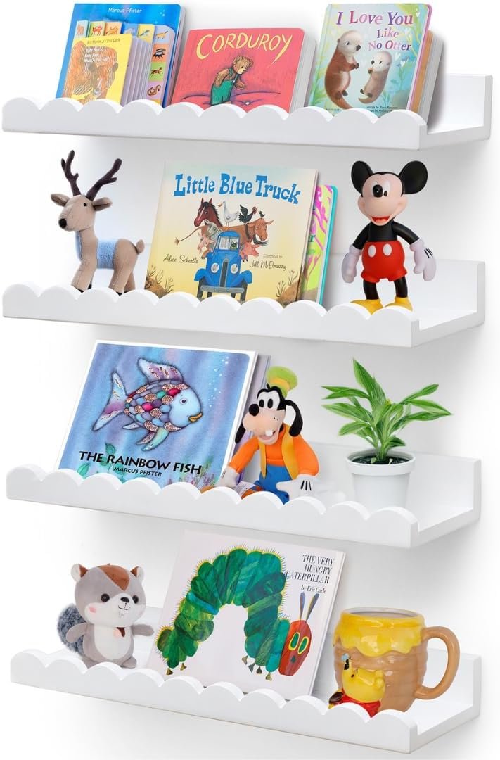 Scalloped Shelves - Set of 4 Pre-Assembled 15.6inch White Floating Nursery Book Shelves, Scalloped Book Shelf for Kids Rooms - Kids Wall Decor, Nursery Decor, Floating Shelves for Wall
