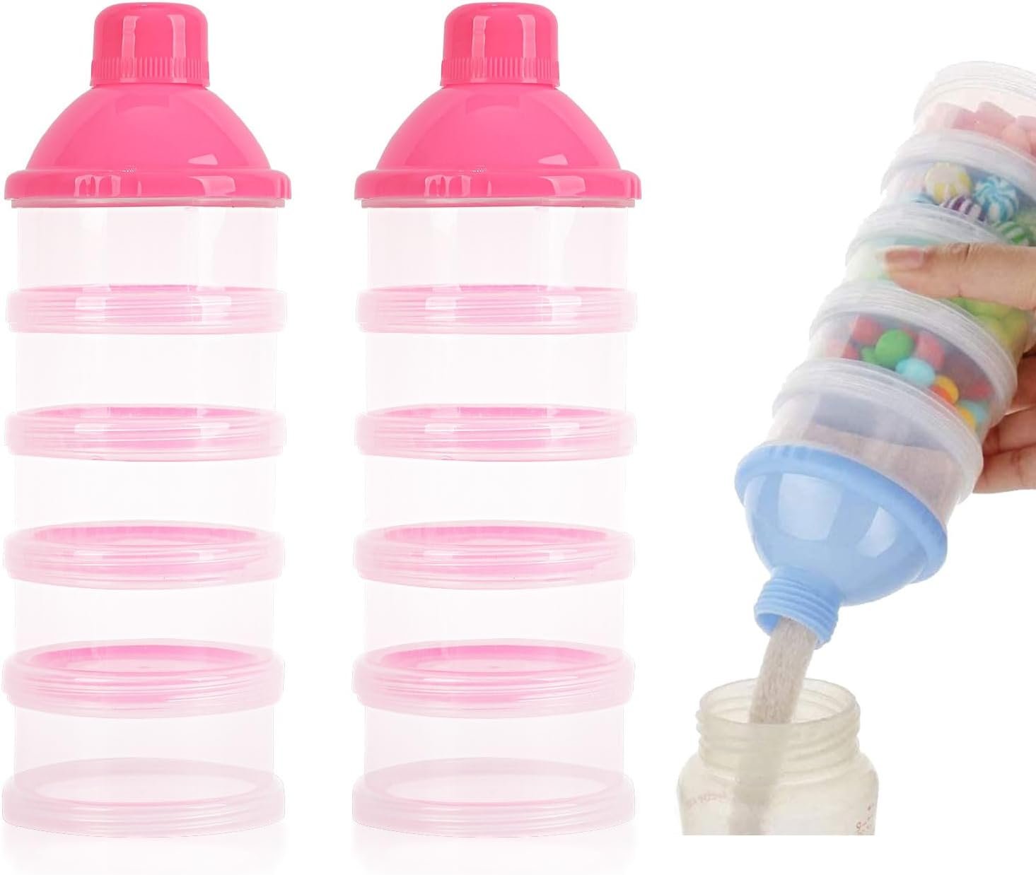 2 Pack 5-Layer Baby Formula Dispenser for Travel - Portable Milk Powder Container with Secure Lid, On-the-Go Snack Storage Box for Infants, BPA-Free (Pink+Pink)