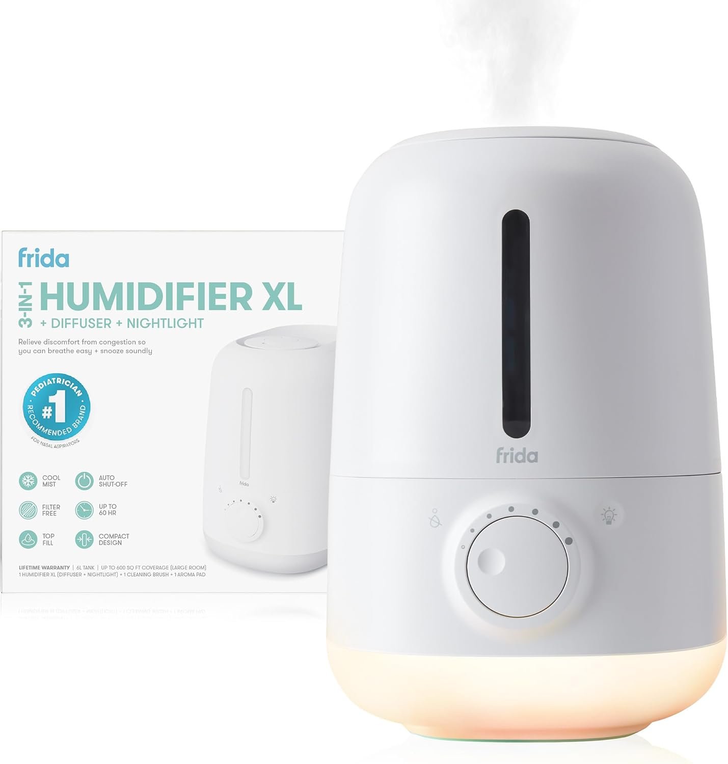 Frida Baby 3-in-1 XL Top Fill Humidifier for Bedroom, Cold & Flu Relief, 6L Tank Cool Mist Humidifier + Diffuser for Large Rooms, Nightlight, Auto-Off, Quiet, Essential Oil Diffuser