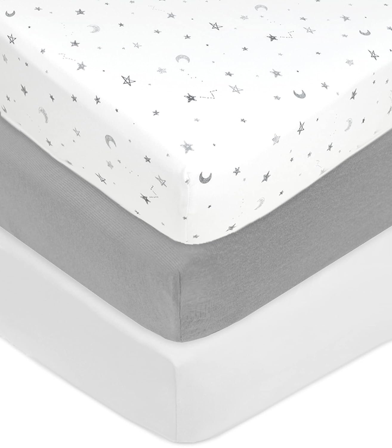 American Baby Company 3 Pack 100% Natural Cotton Fitted Crib Sheets 52" x 28" - Soft, Breathable, Hypoallergenic & Gentle Toddler Bed Sheets, Gray Stars/Gray/White, Neutral for Boys & Girls