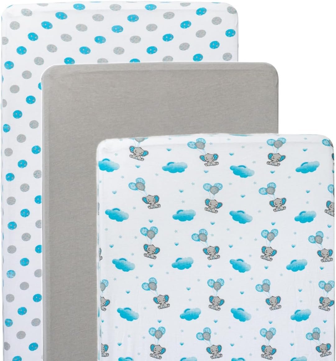 3 Pack Crib Sheets – Ultra Soft Jersey Cotton Baby Crib Sheets, Breathable Fitted Sheets for Standard Crib Mattress (52” x 28”), Baby Boy Crib Bedding Set – Blue Grey Elephant