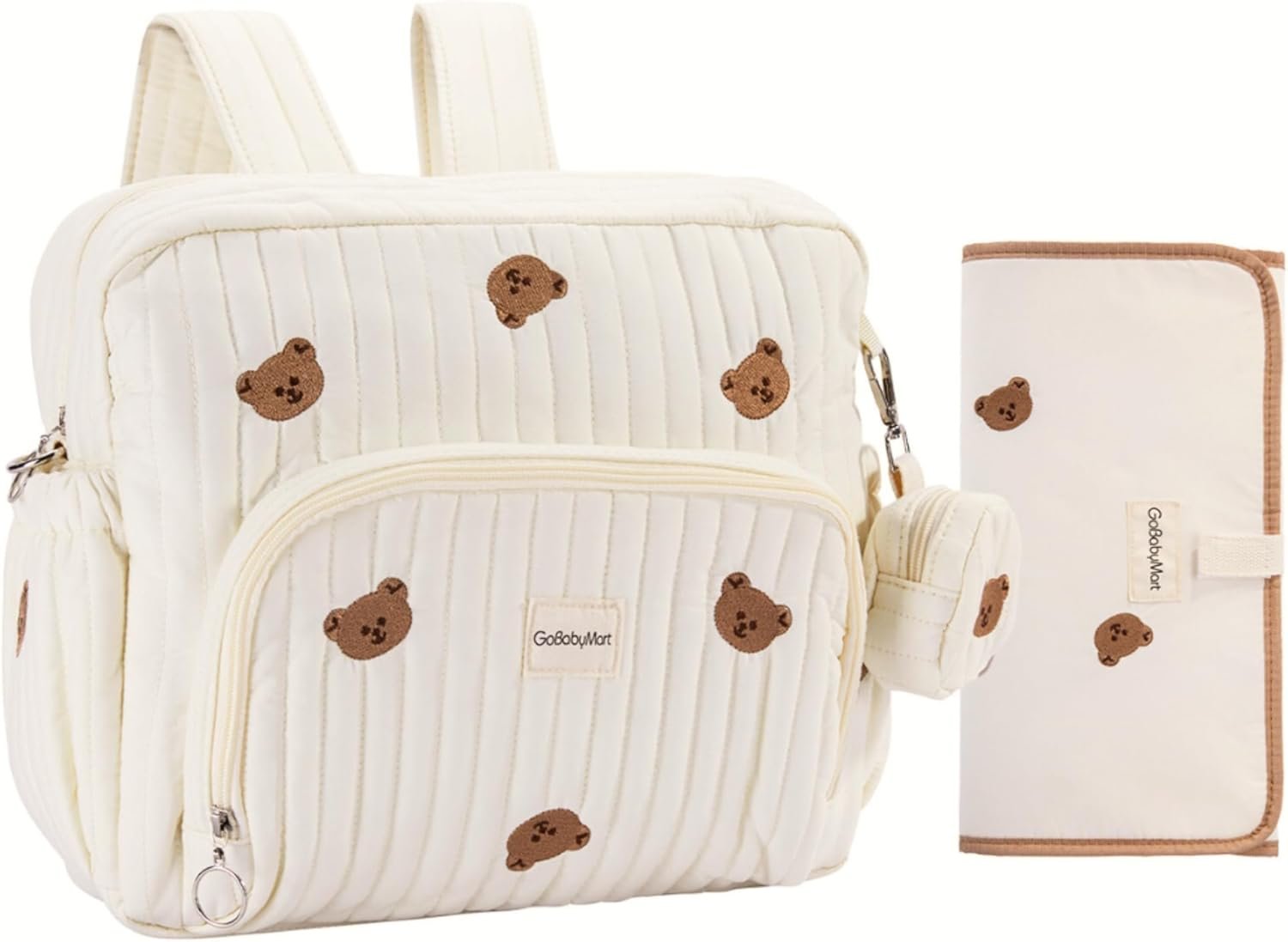 GOBABYMART Diaper Bag Backpack, Medium Maternity baby bag & Changing Pad, Insulated Pockets, Stroller Straps & Pacifier Case (Medium - Beige Bears)