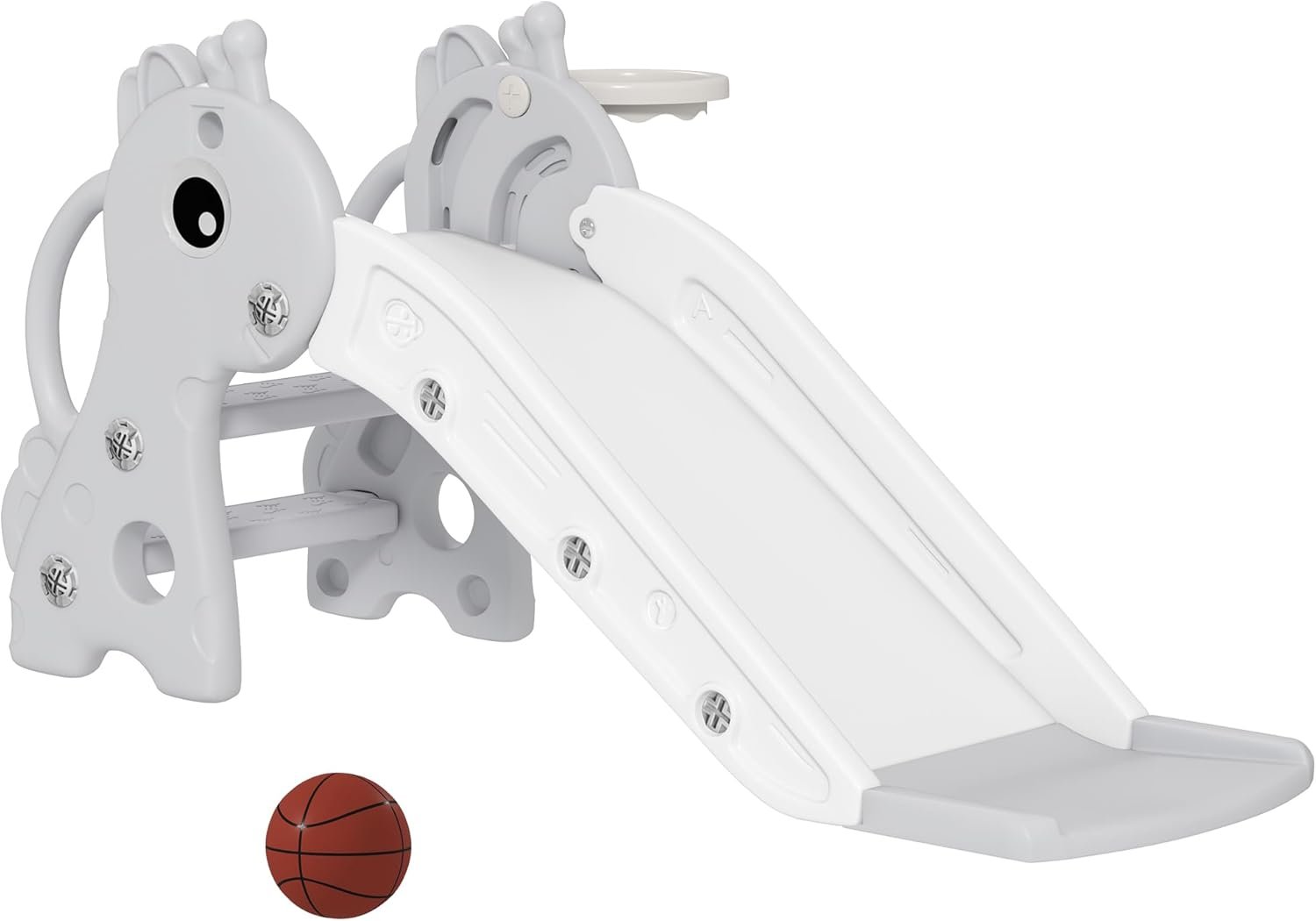 Qaba Toddler Slide with Climber, Basketball Hoop and Ball, Indoor Kids Slide with Giraffe Design, Freestanding Playground Equipment for Age 1-3 Years, Gray
