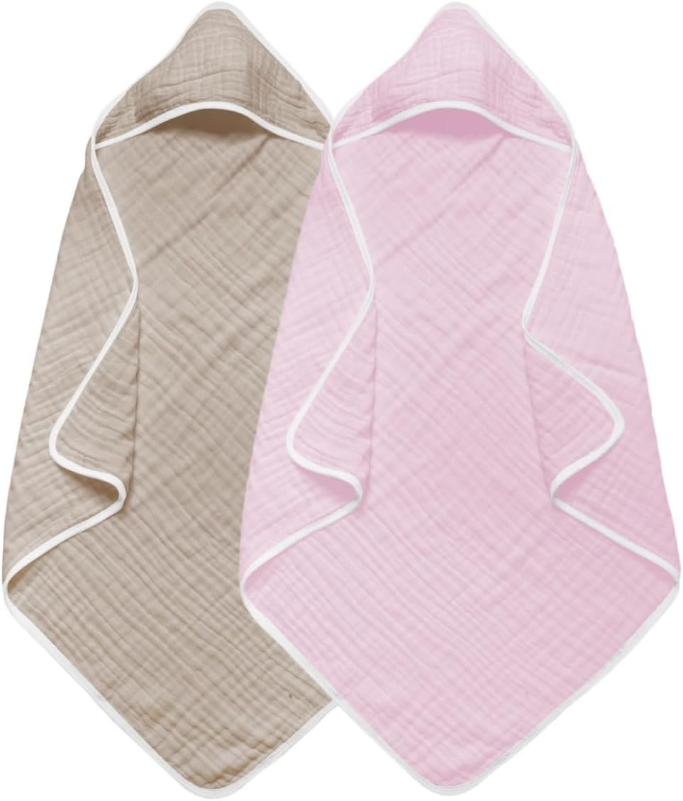 Baby Hooded Bath Towels 2 Pack Brown and Pink Muslin Cotton Ultra Soft Absorbent Quick Dry Toddler Towel for Newborn Infant Kids Large 32x32 Inch Bath Beach Swaddle Blanket​