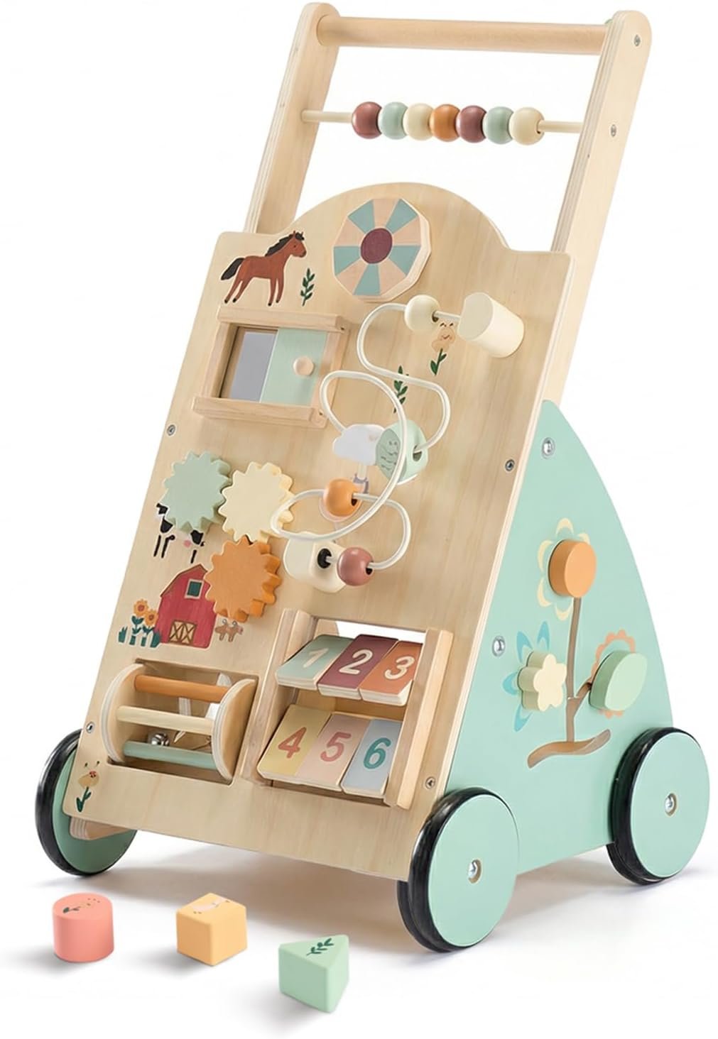 NEWBULIG Wooden Baby Walker for First Steps, Adjustable Speed Push Walker with Montessori Activity Center, Silent Wheels Baby Walking Toys