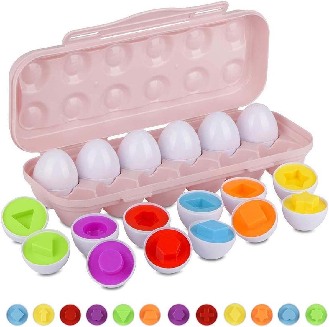 Hhyn Color Shape Matching Eggs for Toddlers, Preschool Learning Educational Sorting Easter Eggs Toys Gift Recognition Skills for Kids Boys Girls with Pink Eggs Holder, 12 Eggs
