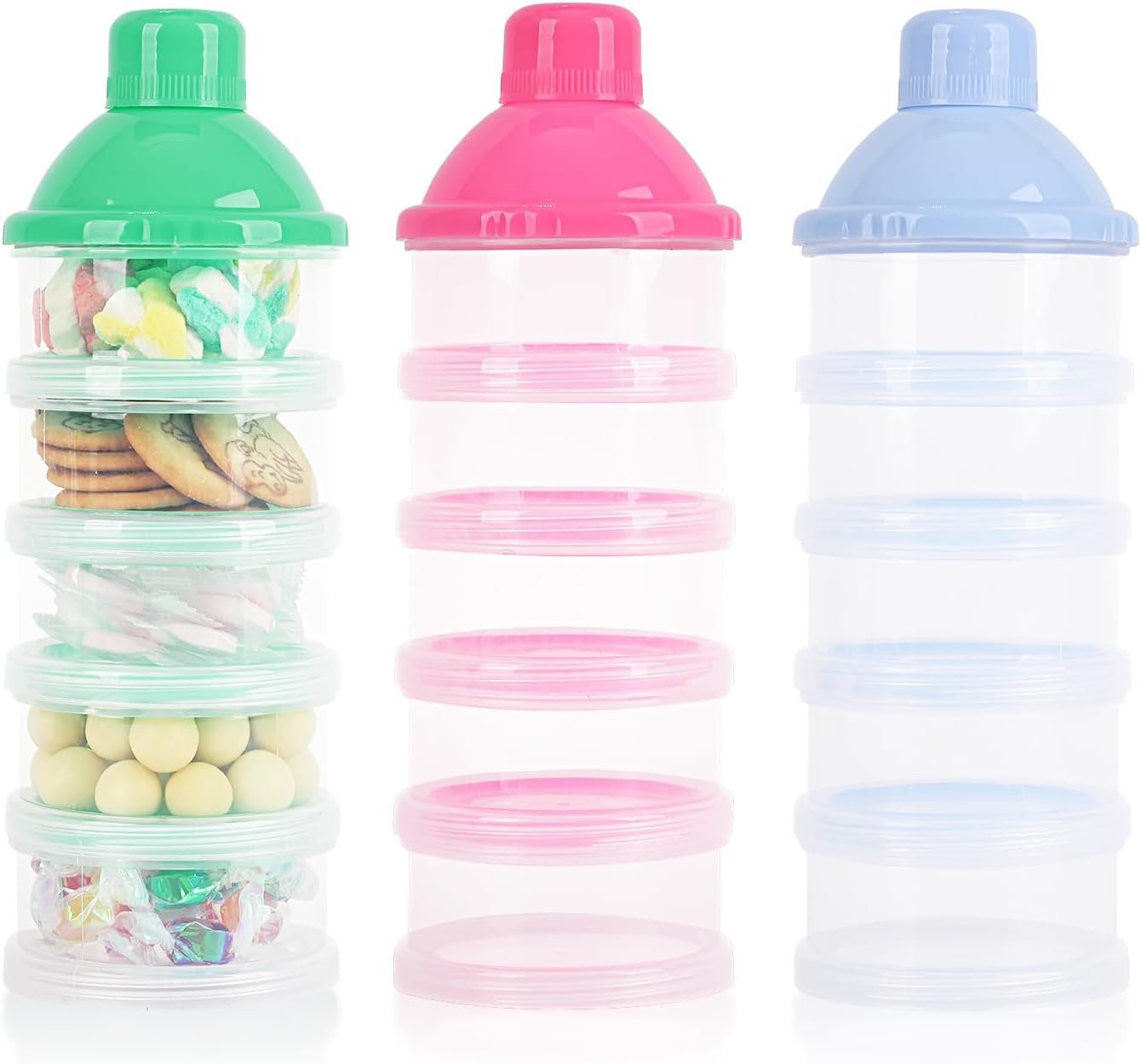 3-Pack 5-Layer Baby Formula Dispenser for Travel - Portable Milk Powder Container with Lids, Food Storage Box for Snacks, Candy, Powder (Blue, Green, Pink) - On-the-Go Formula Dispenser