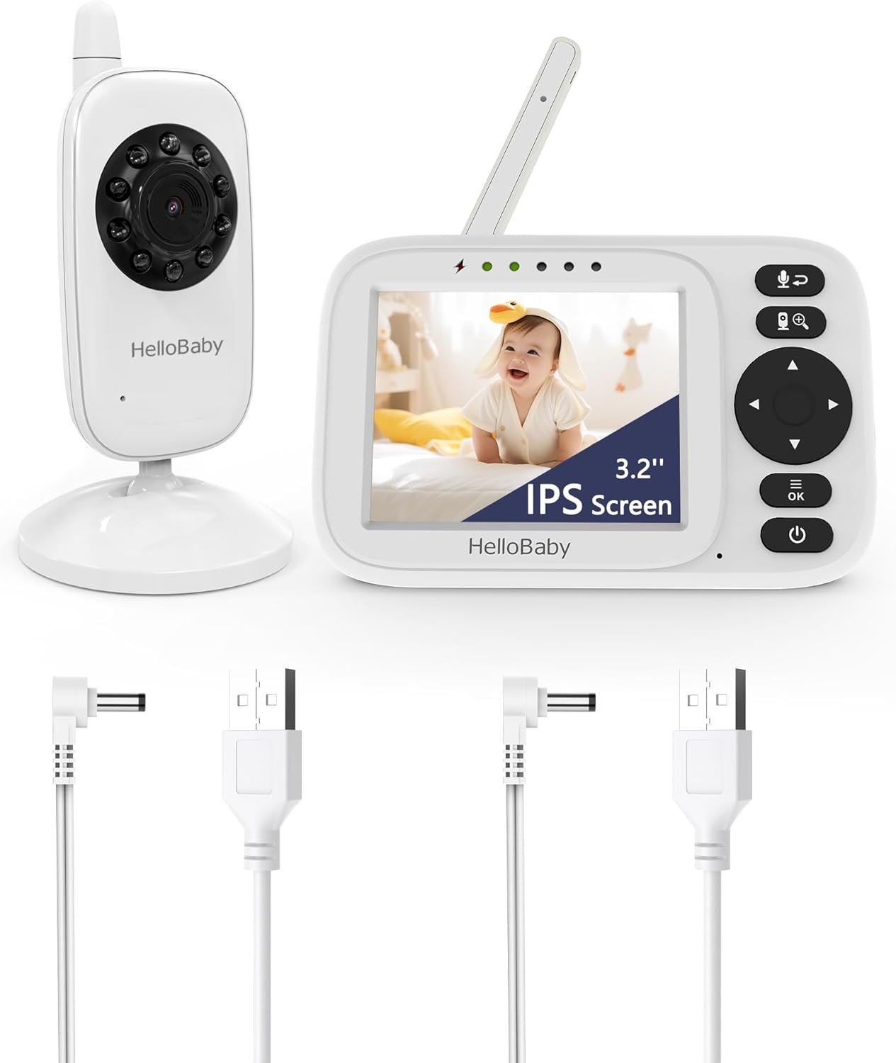 HelloBaby Monitor No WiFi Video Baby Monitor with Camera and Audio - 3.2" Screen, 2-Way Talk, Night Vision, 8 Lullabies,Temperature, Manual Baby Camera Adjustment,1000ft,ECO,USB Cable | HB2438 Upgrade