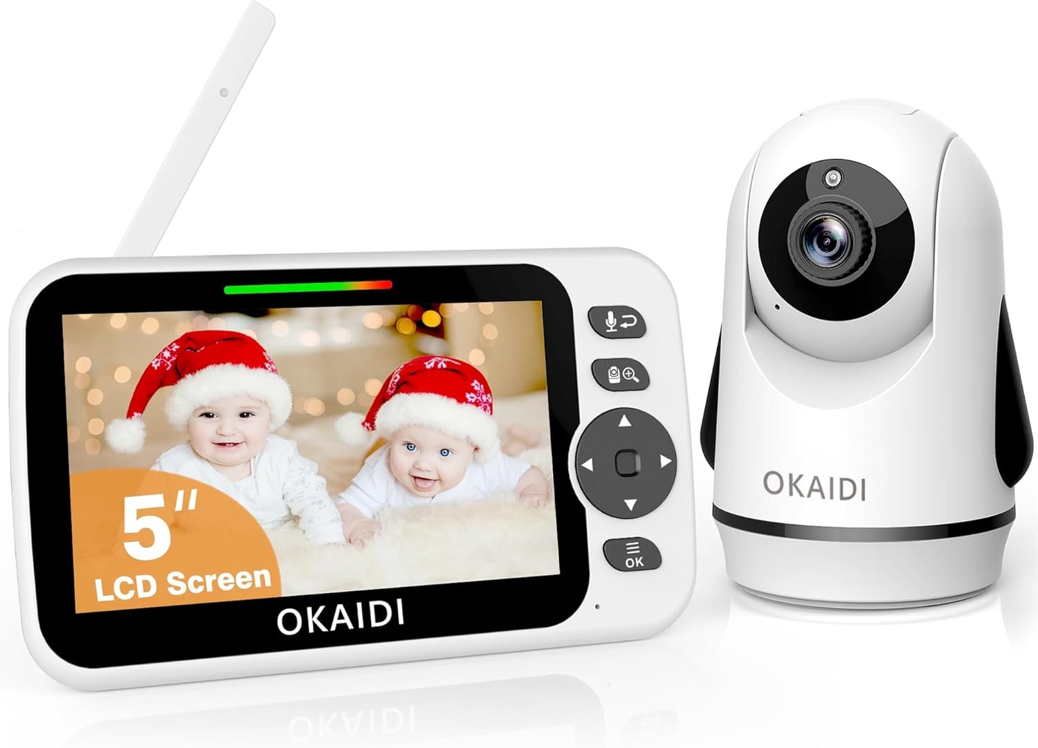 OKAIDI Video Baby Monitor with Camera and Audio, 5" Display Baby Monitor No WiFi, 30H Battery and 1000ft Range, Remote Pan-Tilt-Zoom Baby Camera, Night Vision, 2-Way Talk, ECO, Temperature, Lullaby