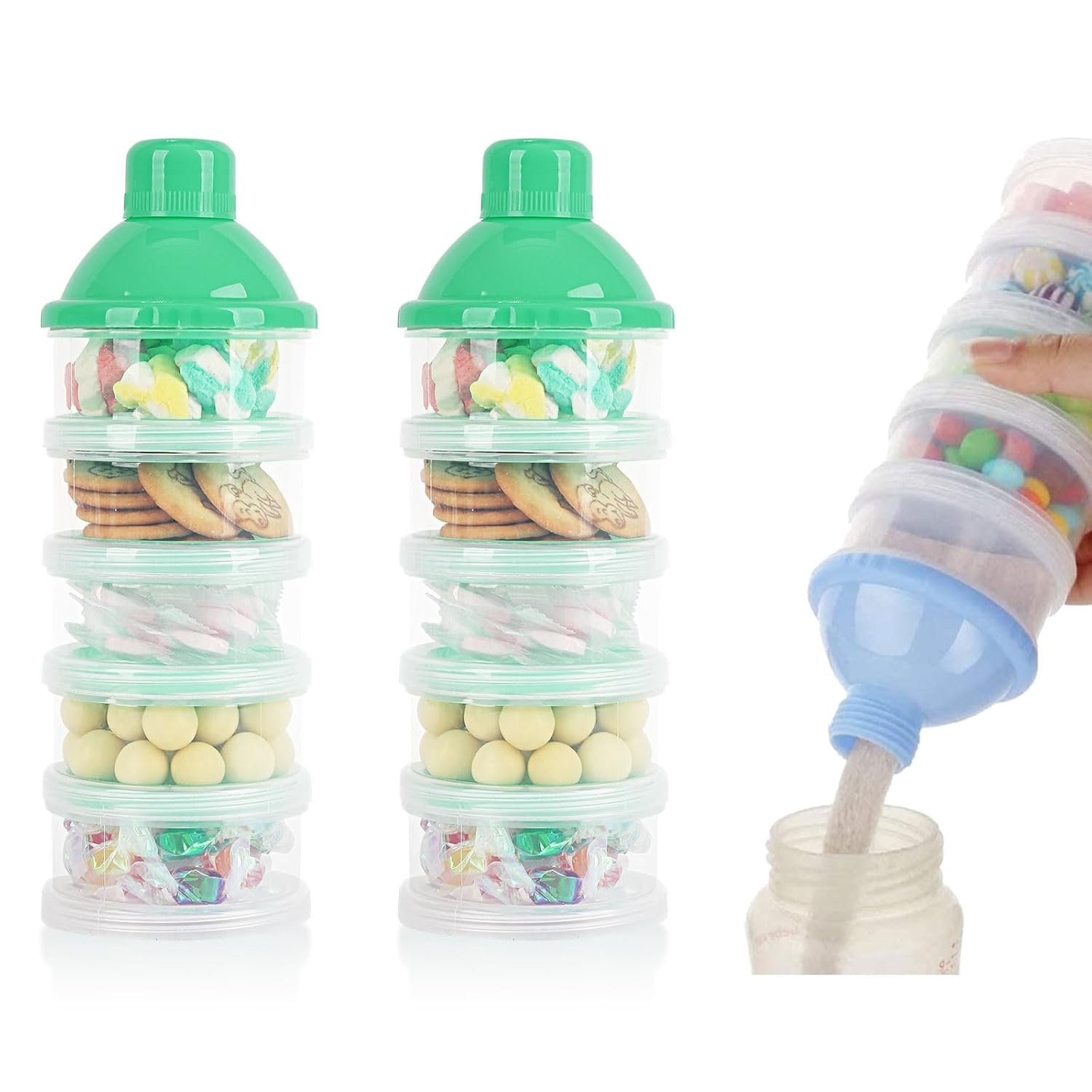2 PCS 5 Layers Baby Milk Powder Dispenser, Milk Powder Pots, Formula Dispenser Portable Milk Powder Formula Dispenser Container Pot Box Milk Cans Snack Storage Box for Travel (Green + Green)