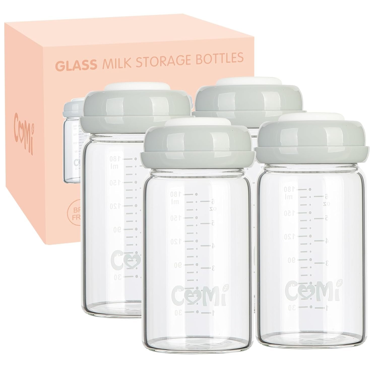 COMI Natural Glass Baby Bottle,Breastmilk Storage Bottle for Fridge,Wide Neck Breast Milk Container with Dome Cap,Fits Breast Pumps & Nipples,BPA Free,4PCS (6oz,4 Gray Lids)