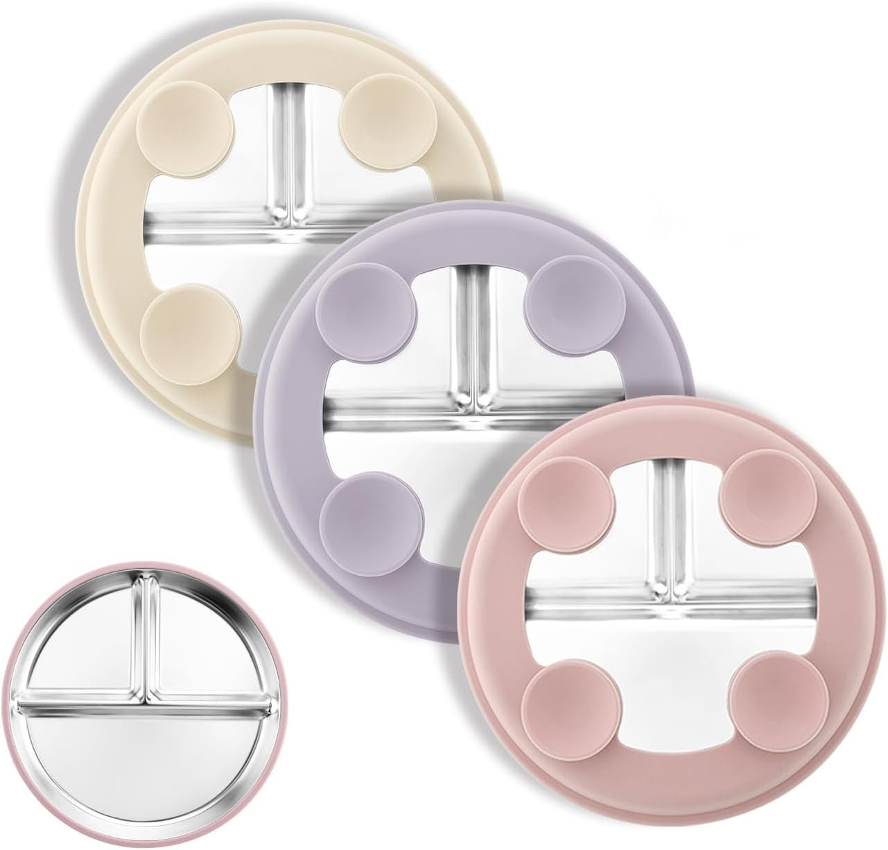 Bakpoco Stainless Steel Suction Plates for Toddlers, 8" Divided Kids Baby Plates with Removable Silicone Suction, Non Toxic Non Slip Portion Control Snack Dishes 3 Packs, Pink Beige Lilac