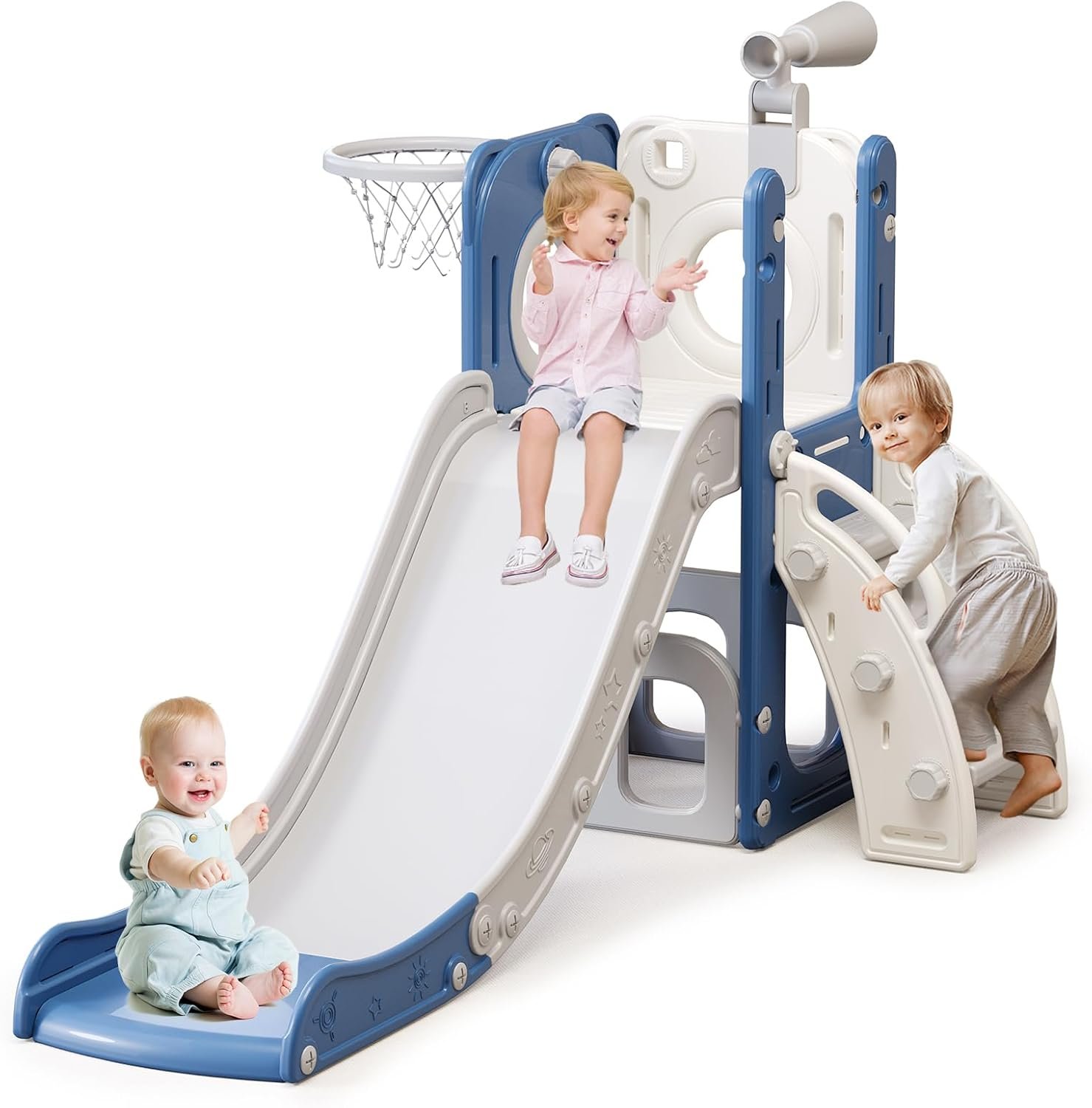 YUYUE 6 in 1 Toddler Slide for Toddlers Age 1-8, Extra-Long Slide with Basketball Hoop Indoor and Outdoor Baby Climber Playset Playground Freestanding Slide (White+Blue)