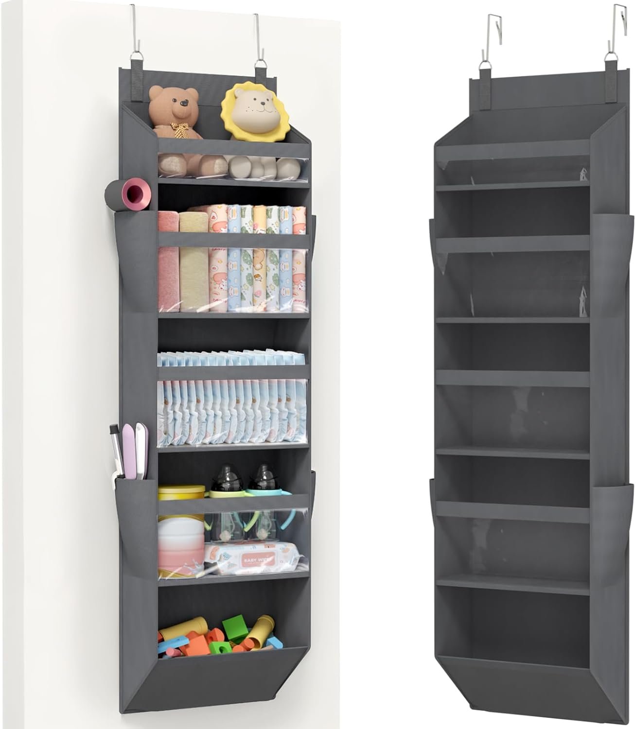 Lifewit 1 Pack Over the Door Organizer, 5 Section Clear Window Hanging Storage with 4 Side Pockets, Sturdy Anti Tilt 40 lbs Load Behind Door for Closet, Bedroom, Bathroom, Nursery, Dorm, Gray