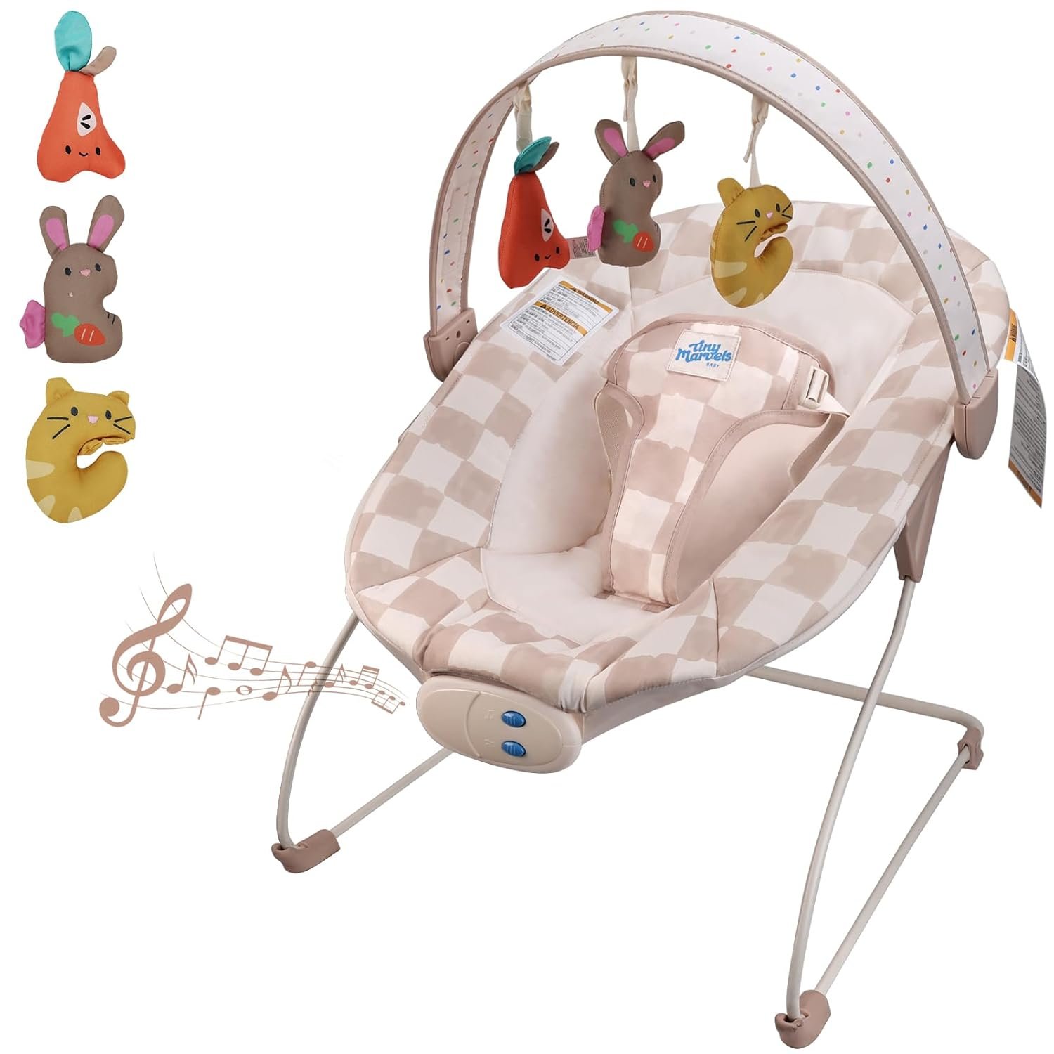 Baby Bouncer – Baby Bouncer seat, Infants Bouncy Seat with Music & Sensory Toys, Machine Washable Seat Pad Indoor Infant Seat, Ideal for Newborns 0-6 Months, 20lbs (Sand Check)