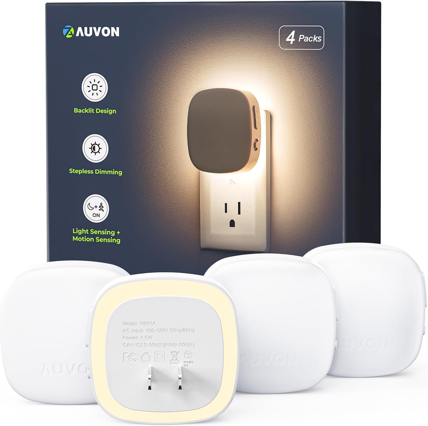 AUVON Plug-in LED Backlit Night Light with Motion Sensor & Dusk to Dawn Sensor, 2700K Soft Warm White Nightlight with 1-50lm Dimmable Brightness for Adults & Kids' Bedroom, Bathroom, Hallway (4 Packs)