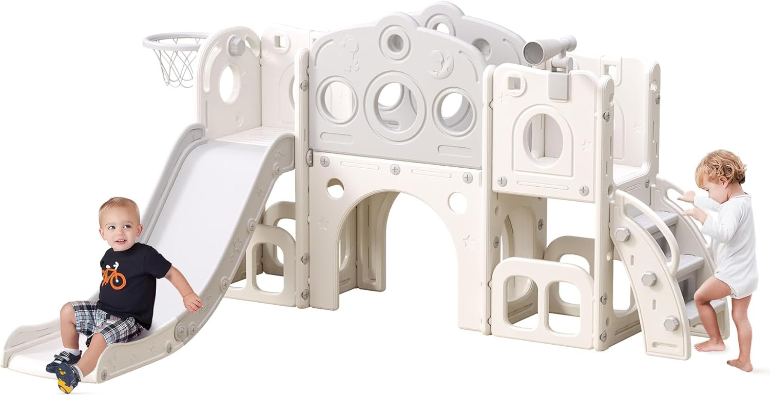 8 in 1 Toddler Slide, Outdoor Indoor Playset for Kids Baby Age 1-3, Childs Climber Slide with Storage Space and Non-Slip Steps, Basketball Hoopa and Telescope, Grey & White