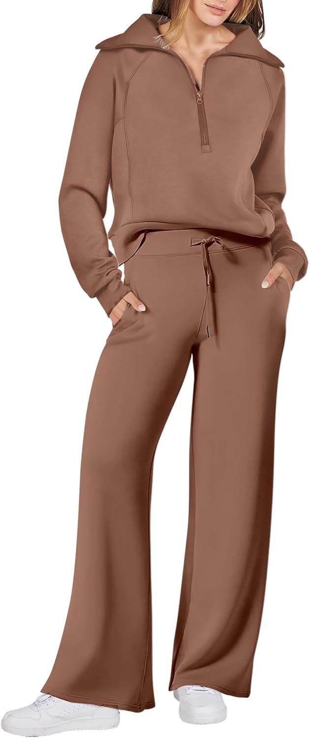 ANRABESS Women’s 2 Piece Outfits Half Zip Sweatshirt & Wide Leg Pants Airport Travel Lounge Matching Sets Sweatsuits Clothing