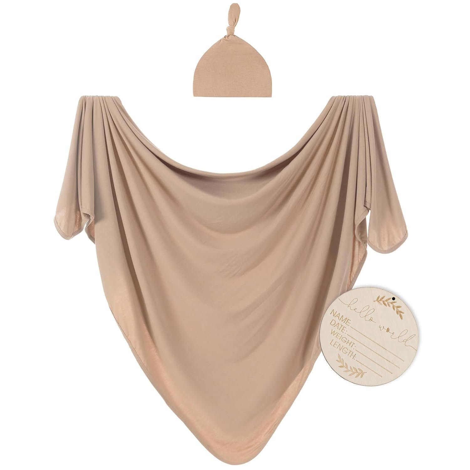 Large Jersey Knitted Swaddle Blanket for Baby, Soft Stretchy Receiving Blanket for Newborns with Hat, Baby Nursery Swaddle 47 x 47 inches(Muted Fawn)