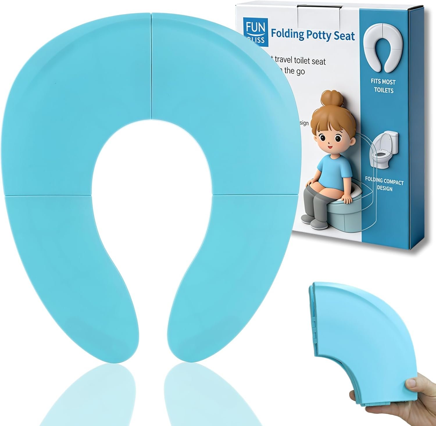 Funbliss Foldable Travel Potty Seat for Toddlers - Portable Folding Toilet Training Seat for Toddlers with Safety Suction Cups, Includes Storage Bag - Essential for On-the-Go Potty Training,Blue