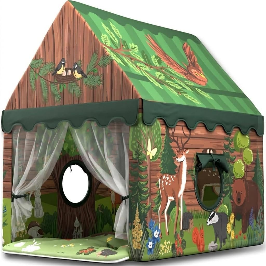 Kids Play Tent – Large Indoor Playhouse for Boys & Toddlers, Woodland Nursery Design, Earthy Green (55”49”47”) – Sturdy Poles, Play Mat, Carry Bag, 2 Windows – CPSC Certified