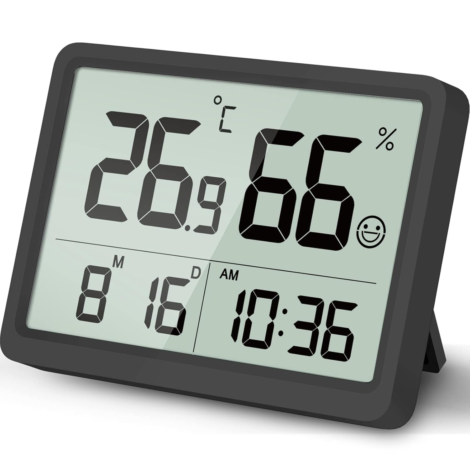 DOOMAY Digital Room Thermometer and Humidity Monitor with Calibration,High Accuracy Sensor Indoor Hygrometer with Date & Clock Desktop Magnet Sticky for Baby Room Greenhouse Guitar(Black)