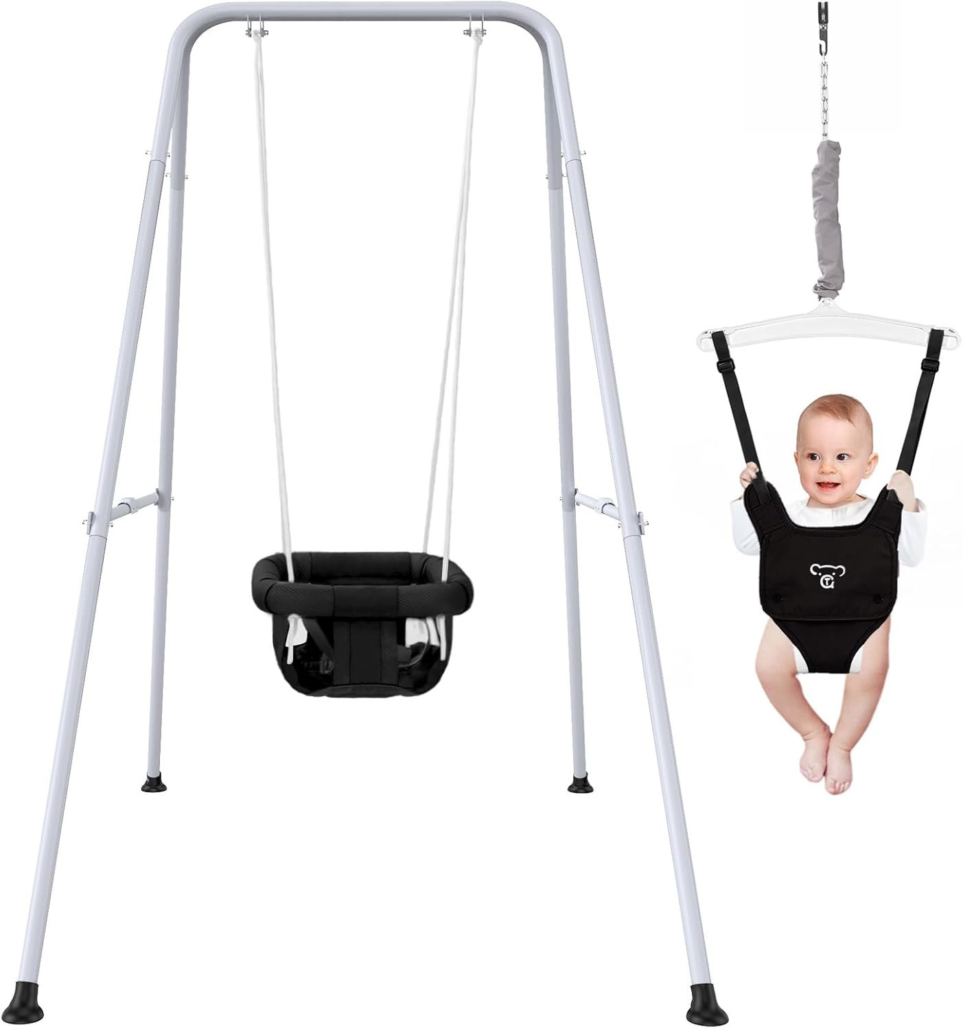 2 in 1 Baby Jumper with Swing - Indoor and Outdoor Use, Baby Jumpers and Bouncers, Toddler Swing with Foldable Stand（Black）