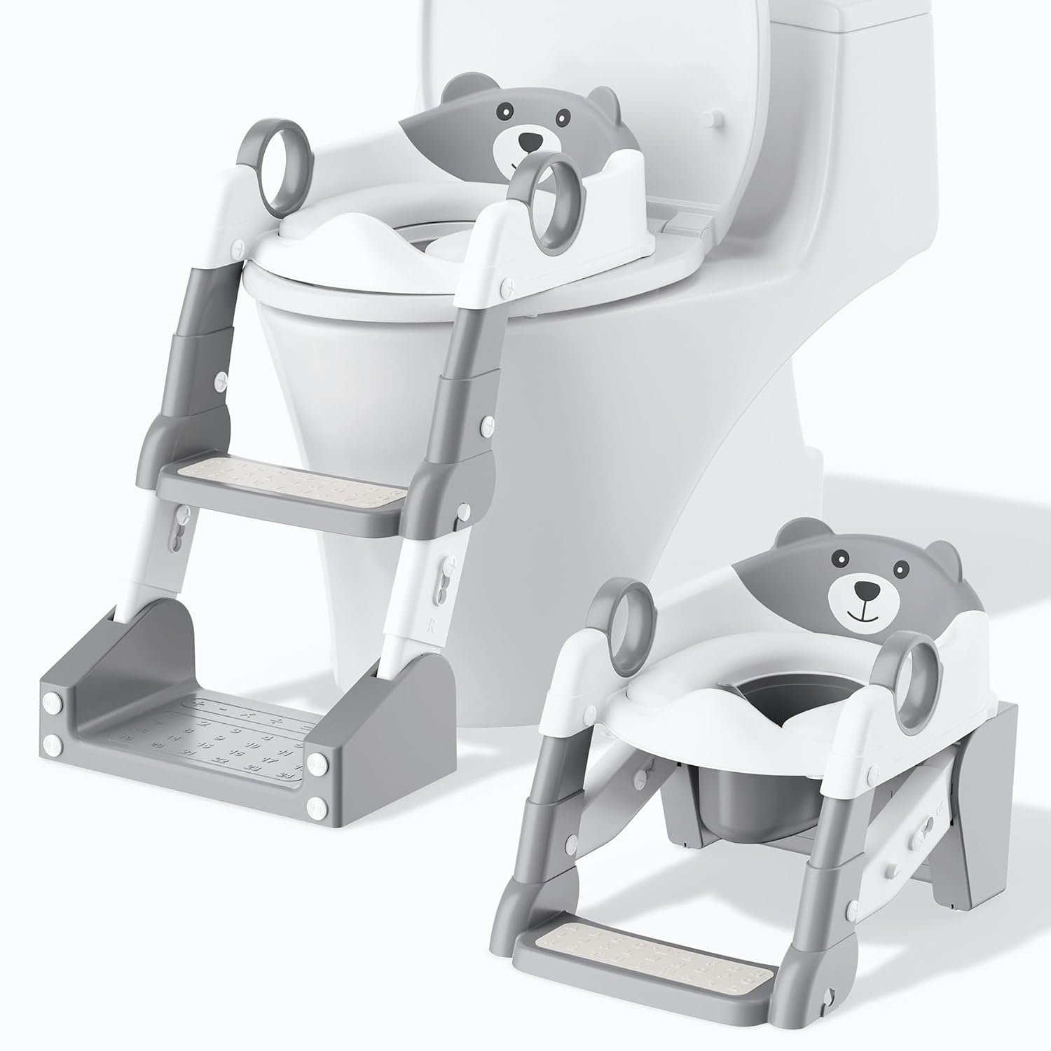 Potty Training Seat,Toddler Toilet Seat for Boys Girls,3-in-1 Potty Training Toilet and Chair with Step Stool Ladder,Anti-Slip Height Adjustable Foldable Splash Guard for Kids (Grey)