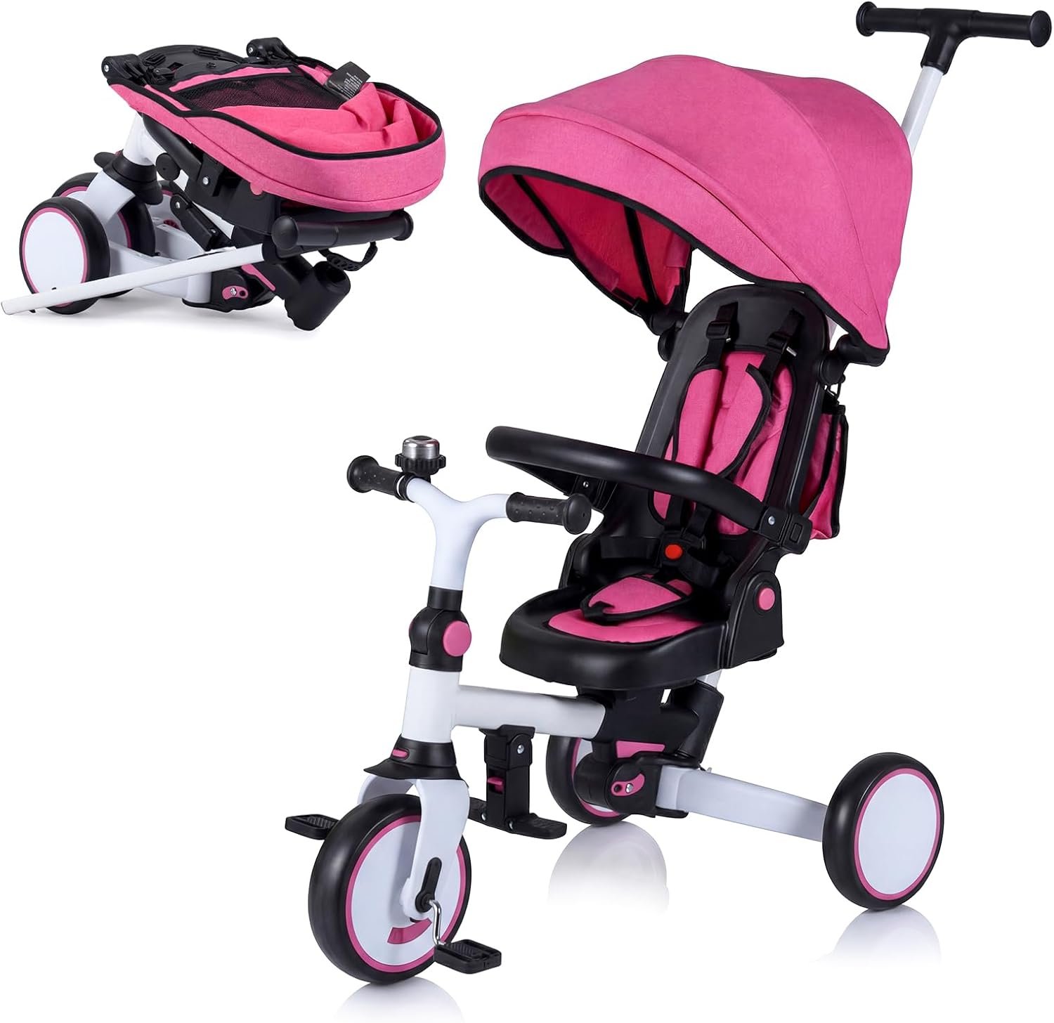 BABY JOY Kids Tricycle, 8-in-1 Folding Toddler Trike w/Push Handle, Removable & Adjustable Canopy, 5-Point Safety Harness, Rotatable Seat & Storage Pocket, Pushing Toddler Bike for 1-6 (Pink)