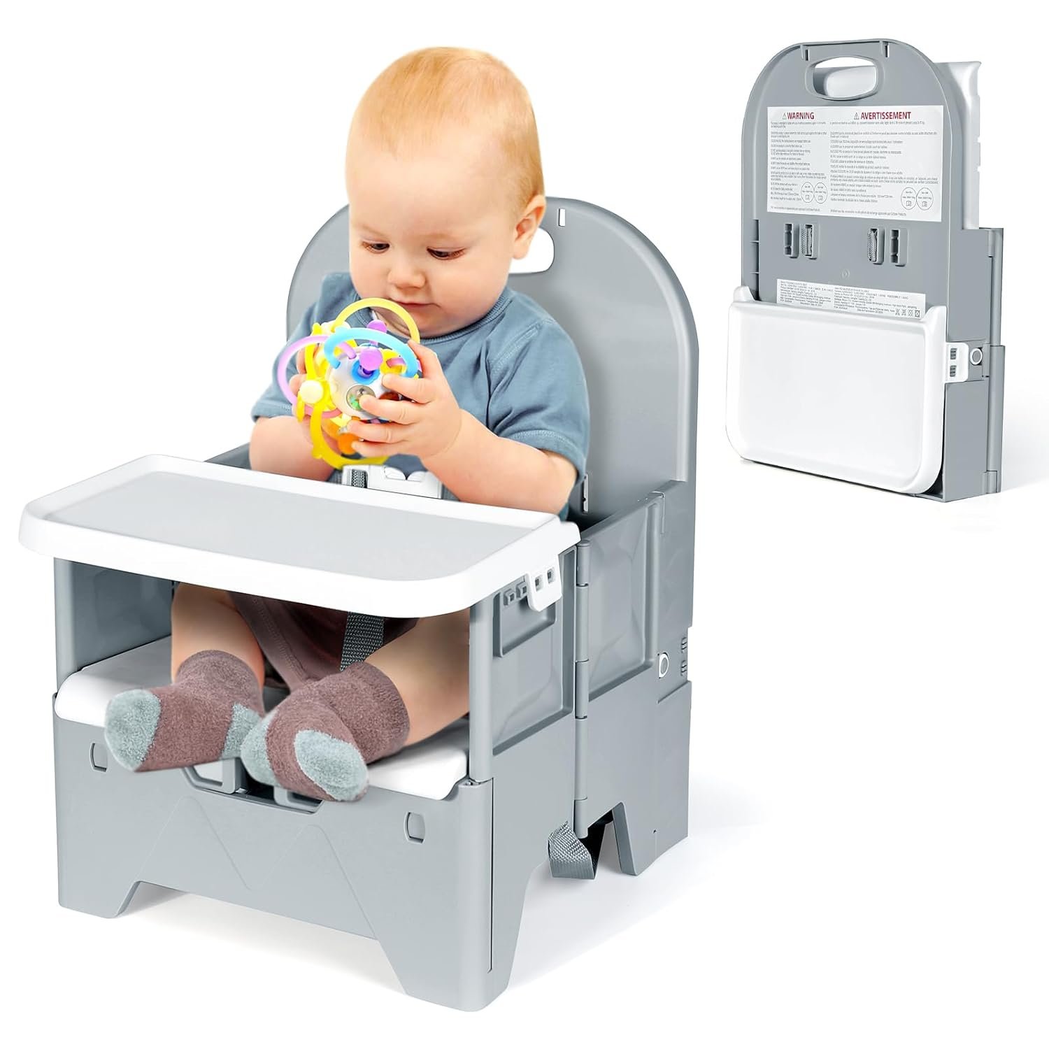 Orzbow Portable High Chair with Tray, Foldable Booster Seat for Travel Toddlers 6-36 Months, Baby Chair for Dining Table, Camping, Beach, Portable Booster Chair, Up to 33 lbs Baby, Grey