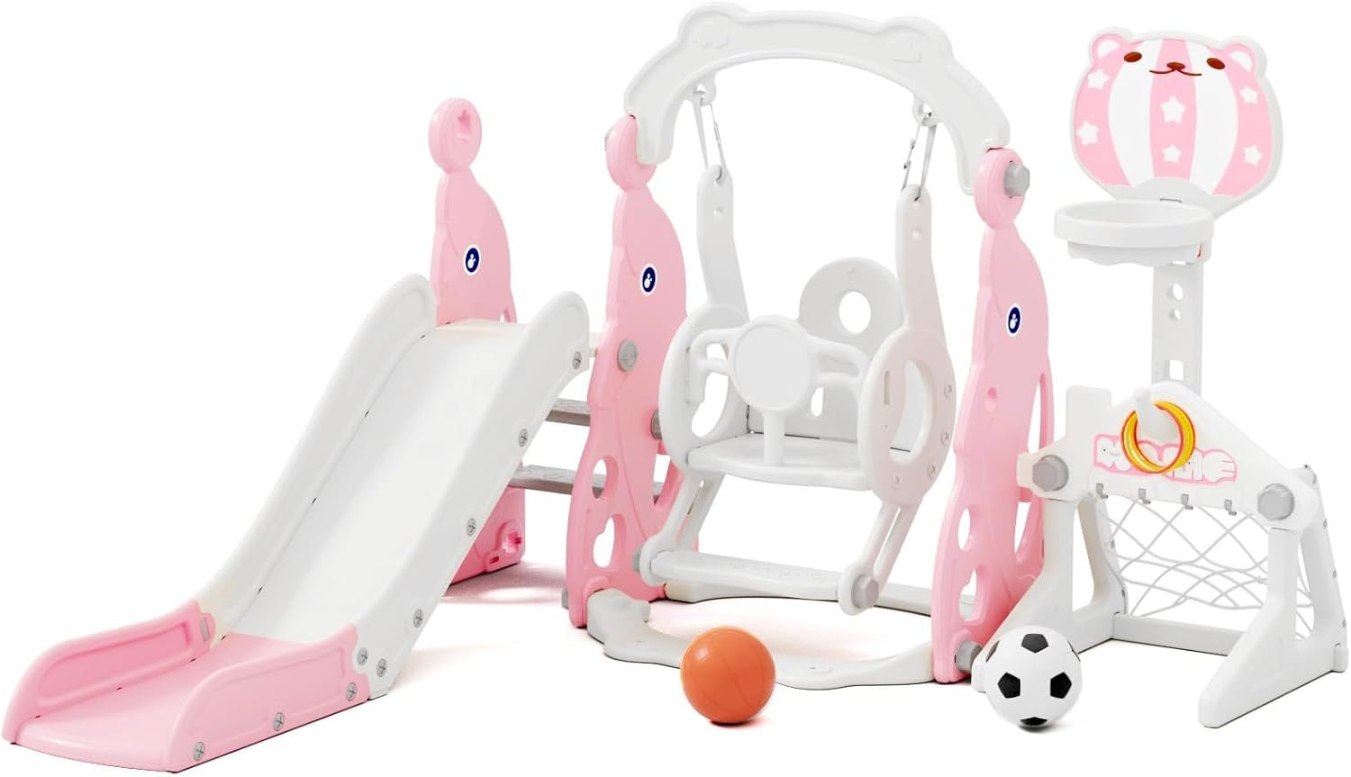 67i Toddler Slide Swing Set Indoor Playground for Kids 1-3, Multi-Activity Play Center Basketball Adjustable Height Safe Plastic (Pink)