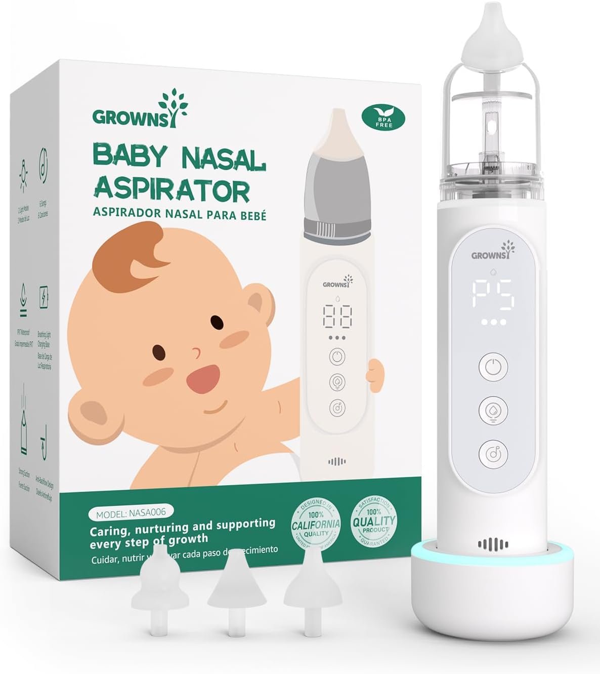 GROWNSY Nasal Aspirator for Baby, Upgraded 5 Suction Levels Baby Nose Sucker, IPX7 Waterproof Electric Nose Suction for Baby, Booger Sucker for Toddlers with Automatic Cleaning &Music &Light Functions