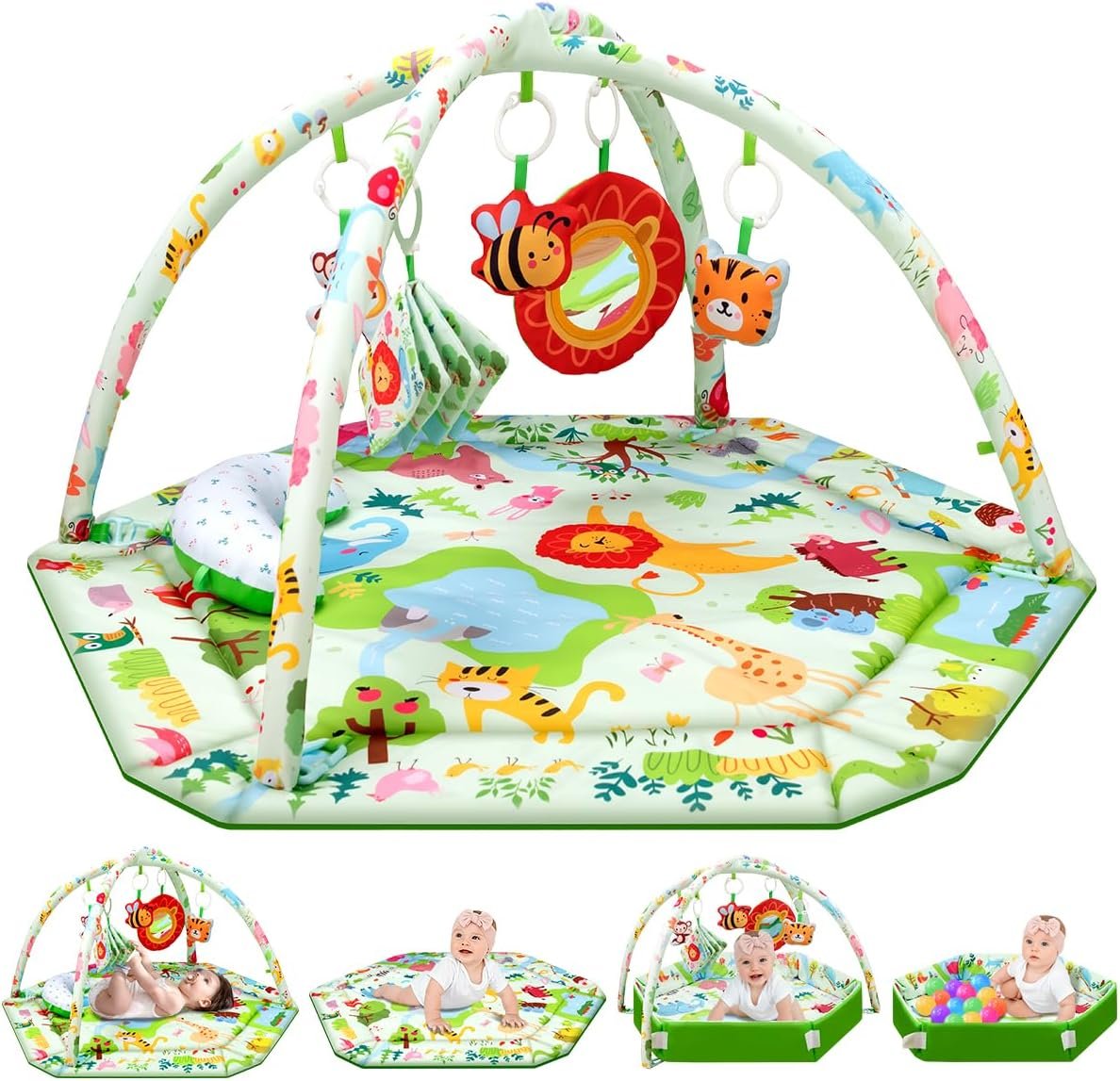 lulunemo Baby Play Mat,Tummy Time Mat with 6 Detachable Toys-Activity Gym for Visual, Auditory & Motor Development-Washable Baby Activity Mat for 0-12 Month Infants(Animal Theme)