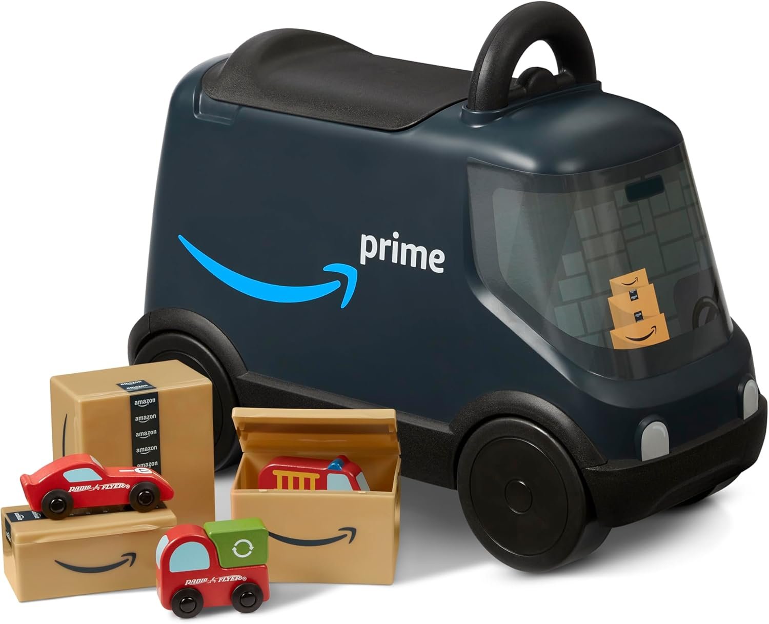 Radio Flyer Amazon Delivery Van, For Ages 2+, Ride and Deliver Truck for Kids, Under Seat Storage, Stationary Handle, Ergonomic Seat, Includes 3 Mini Amazon Boxes & 3 Wooden Toys, Toddler Ride On Toys