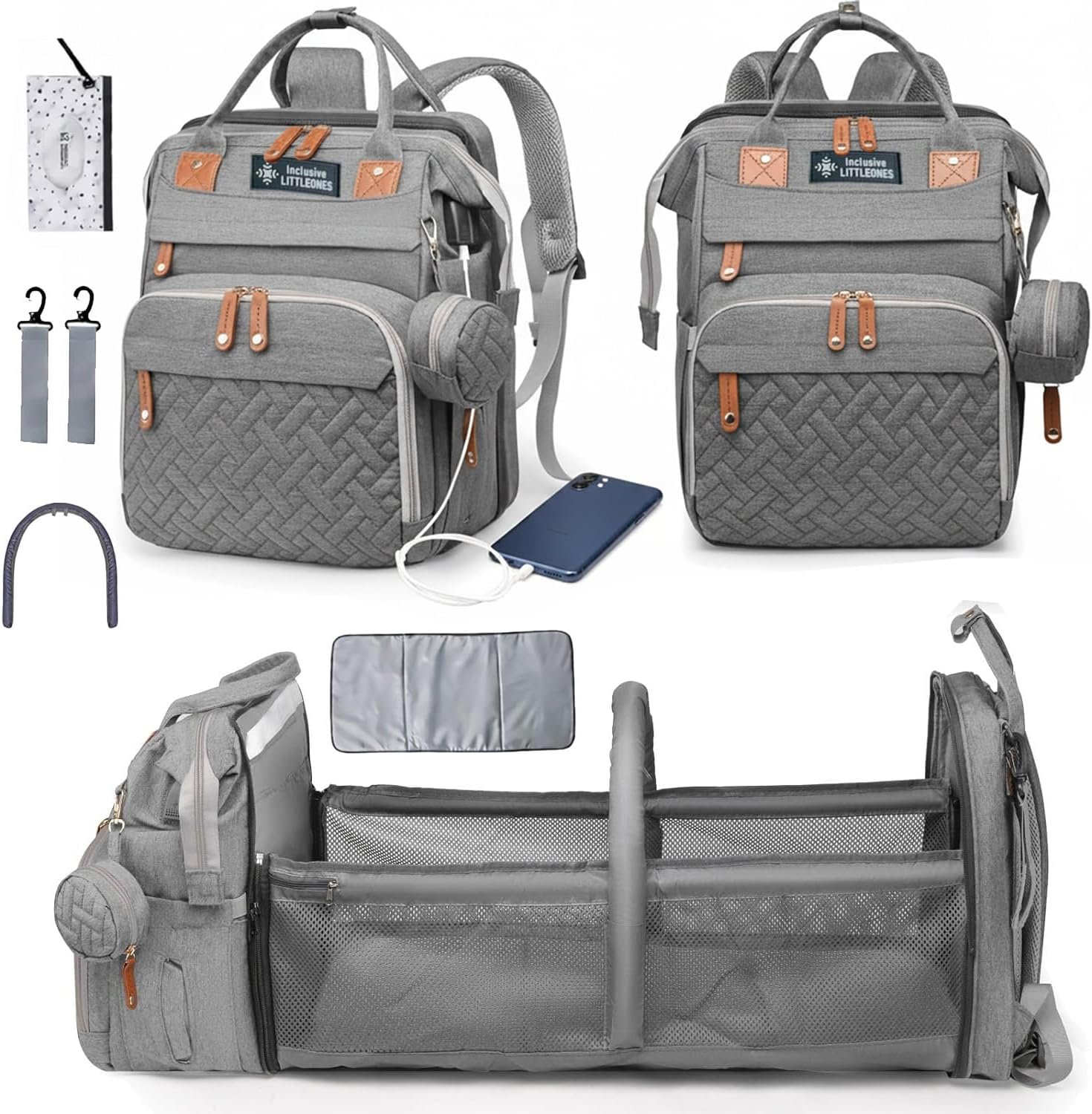 Baby Diaper Bag Backpack, Bonus Changing Pad, Large Capacity, USB Port, Pacifier Case, Mosquito Net & Wipes Bag | Stylish Travel Bag for Boys, Girls, Moms & Dads | Shower Gift