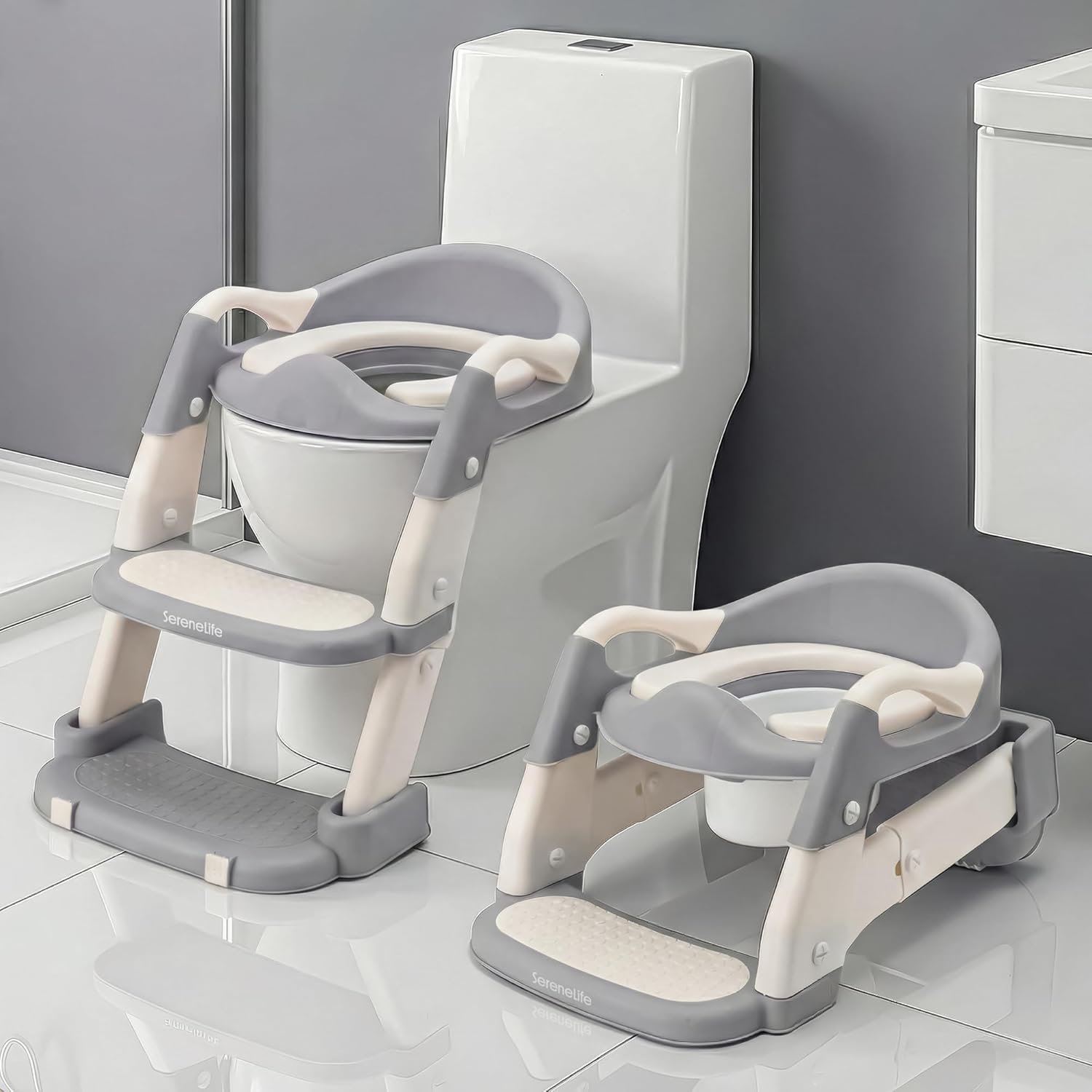 SereneLife 2-in-1 Potty Chair & Potty Training Seat with Step Stool Ladder - Height Adjustable Kids/Toddler Toilet Seat with Stable Anti-Slip Design, Cushioned Seat & Splash Guard For Boys Girls