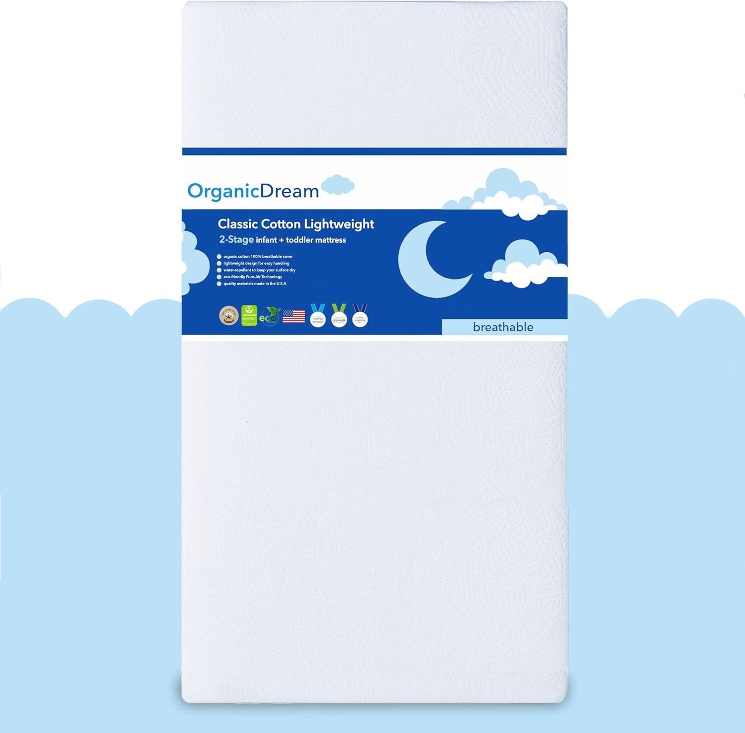 ORGANICDREAM Crib Mattress + Toddler Bed - 100% Breathable Proven to Reduce Suffocation Risk, Hypoallergenic, GREENGUARD Certified - Lightweight 2-Stage Removable Cover - Deluxe 6" Thick - White