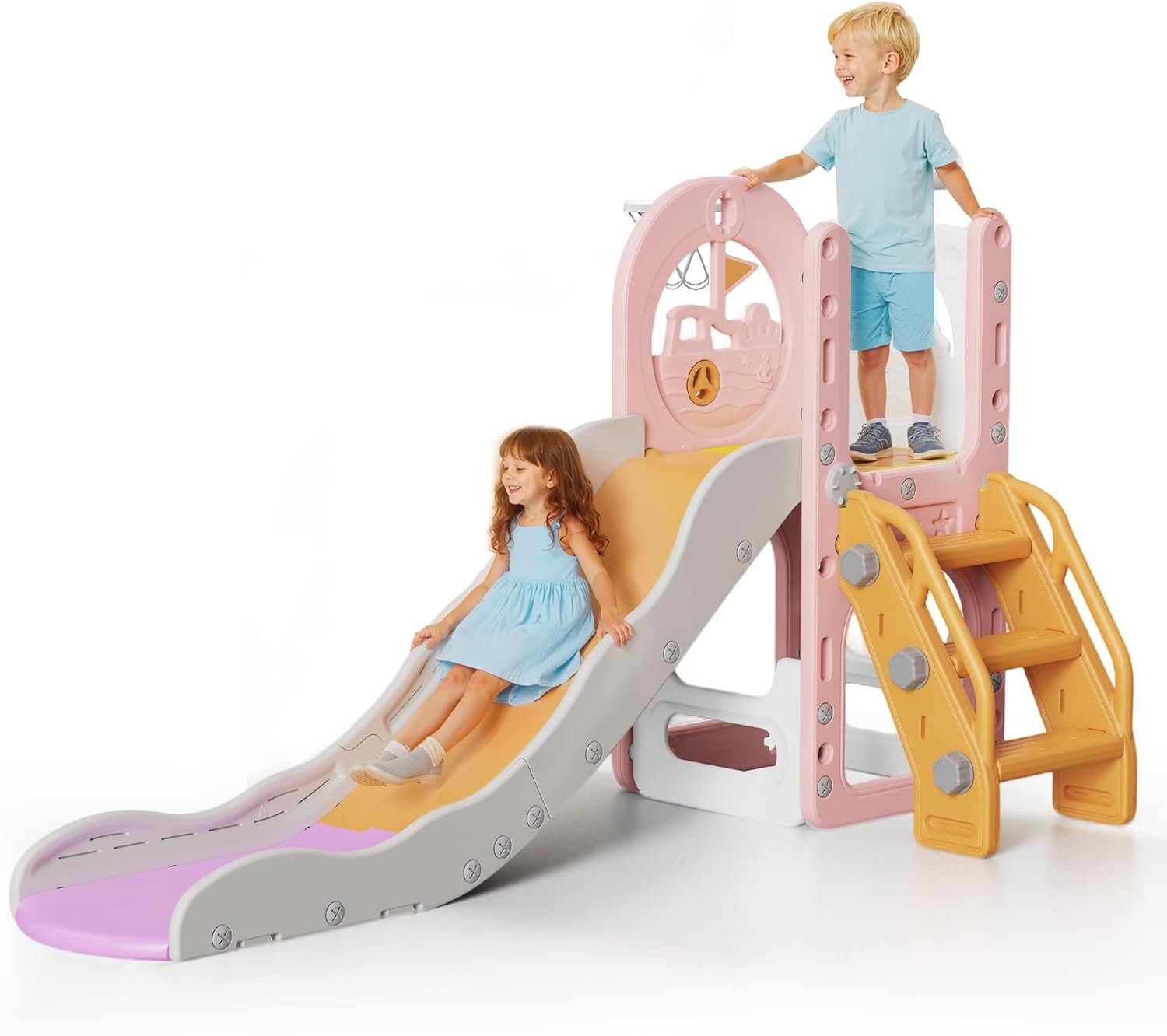 6 in 1 Toddler Slide, Baby Playset for Indoor Outdoor Playground with Basketball Hoop, Storage and Telescope, Climbing Toys for Toddler Playground Playset (Pink)