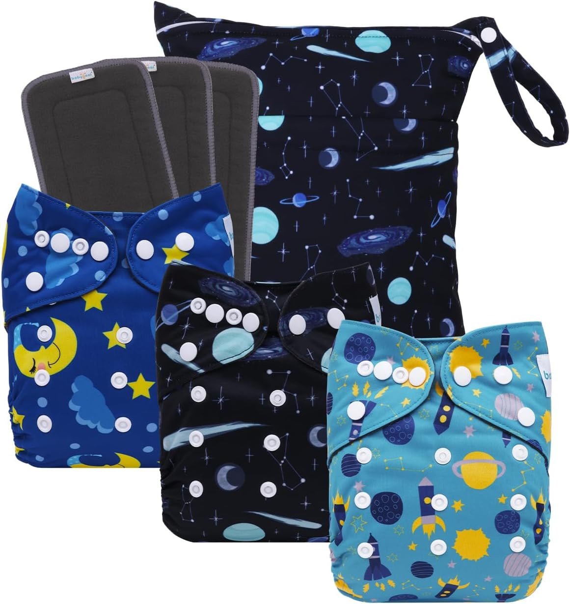 babygoal Reusable Charcoal Cloth Diapers with Double Gussets, 3 Pack Washable Baby Pocket Diapers with 3pcs Charcoal Inserts and Wet Dry Bag(Space,Moon,Star,Rocket)