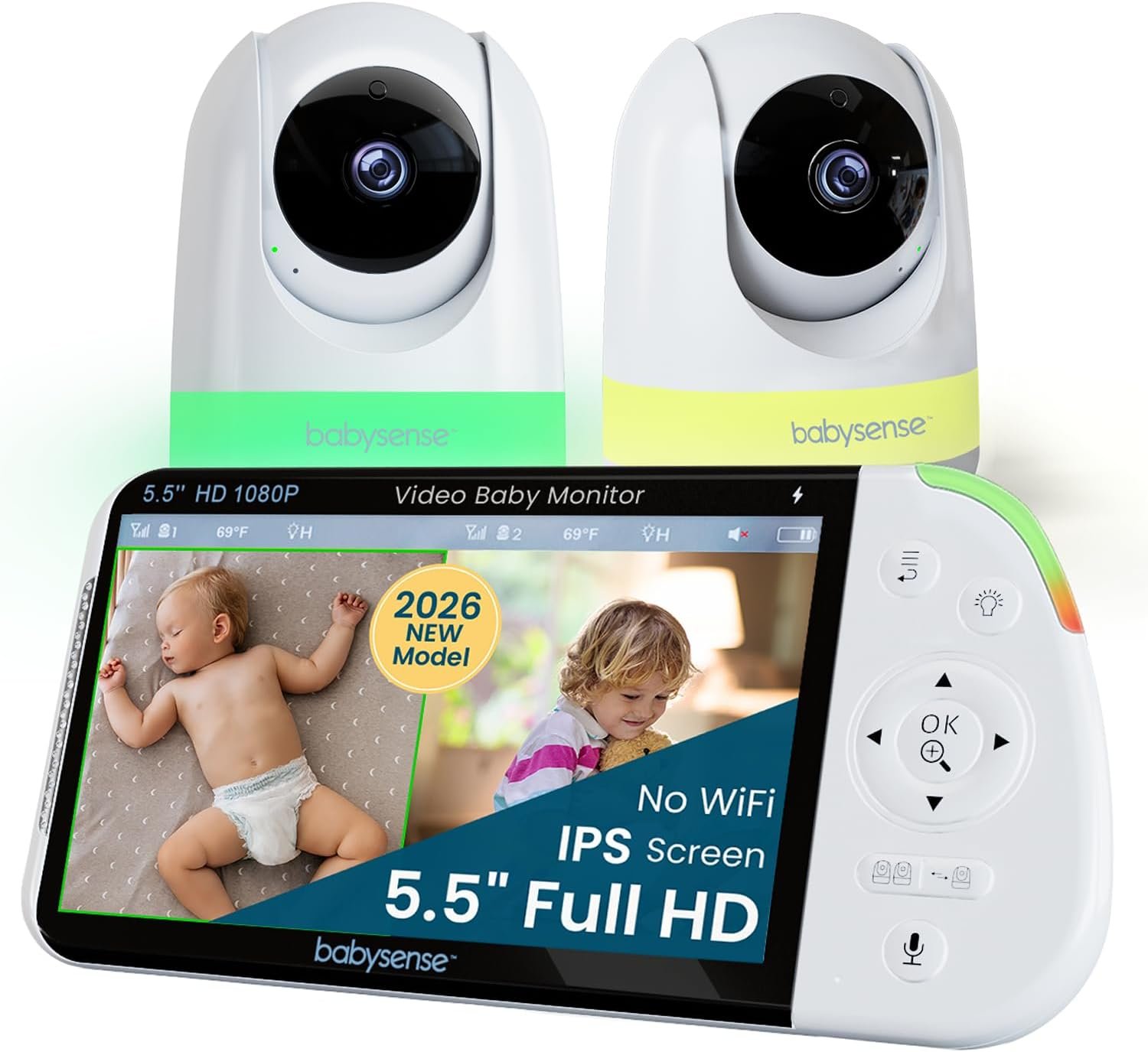 Babysense PRO Full HD 5.5" Split Screen Baby Monitor with 2 Cameras, 6-Color Night Light, White Noise, Sound & Light Machine, 20-Hour Battery, Hack-Proof Non-WiFi Secure Connection