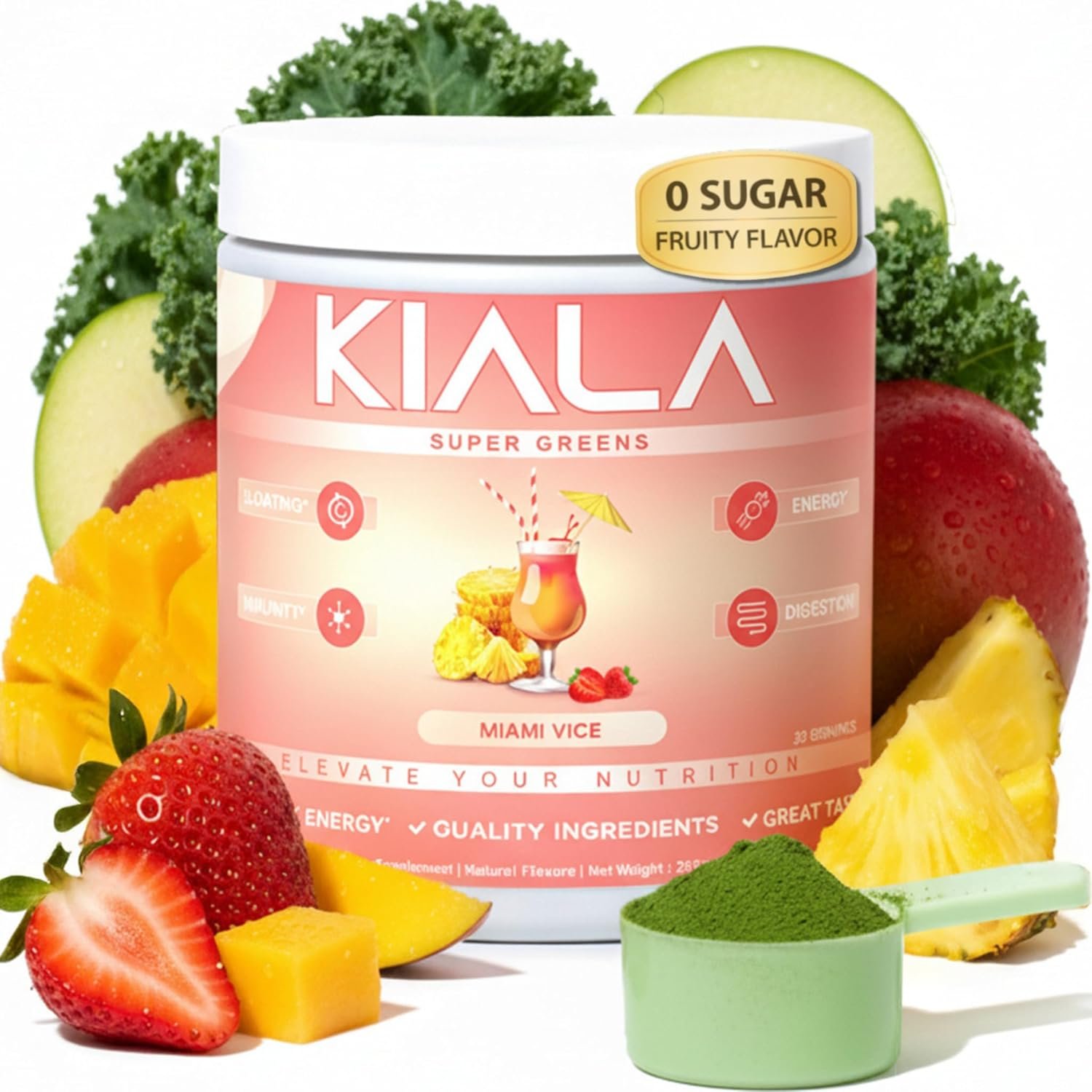 Kiala Nutrition Super Greens, Organic Greens Powder with Spirulina & Chlorella for Digestion, Gut Health, Immunity, Energy, Gluten Free, Vegan, Sugar Free, Spectra Blend, Miami Vice Flavor 30 Servings