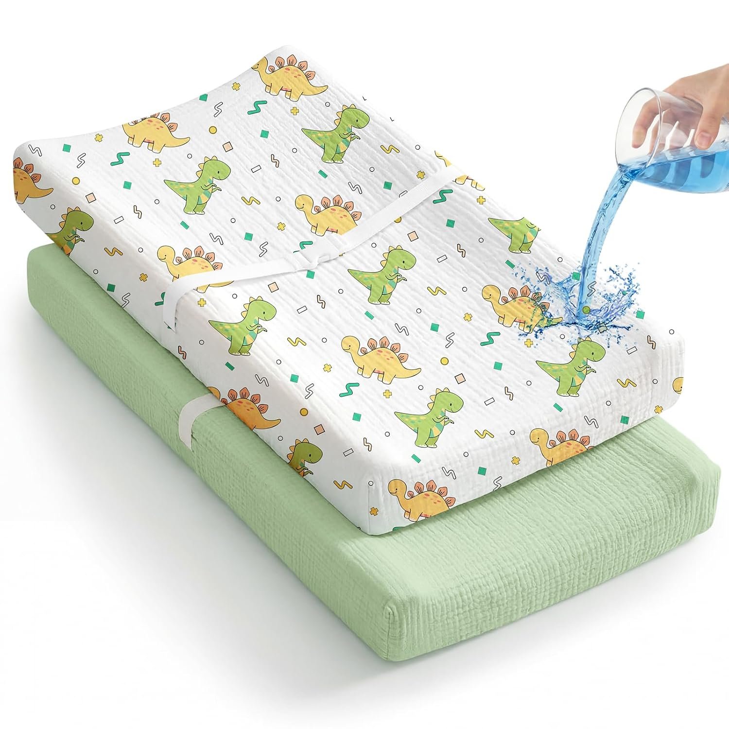2 Pack Waterproof Muslin Changing Pad Cover with Safety Strap Hole, TPU Leakproof Protection Soft Muslin Baby Changing Table Covers for Boys & Girls, Fits 32" x 16" Changing Pad,Green Dinosaur