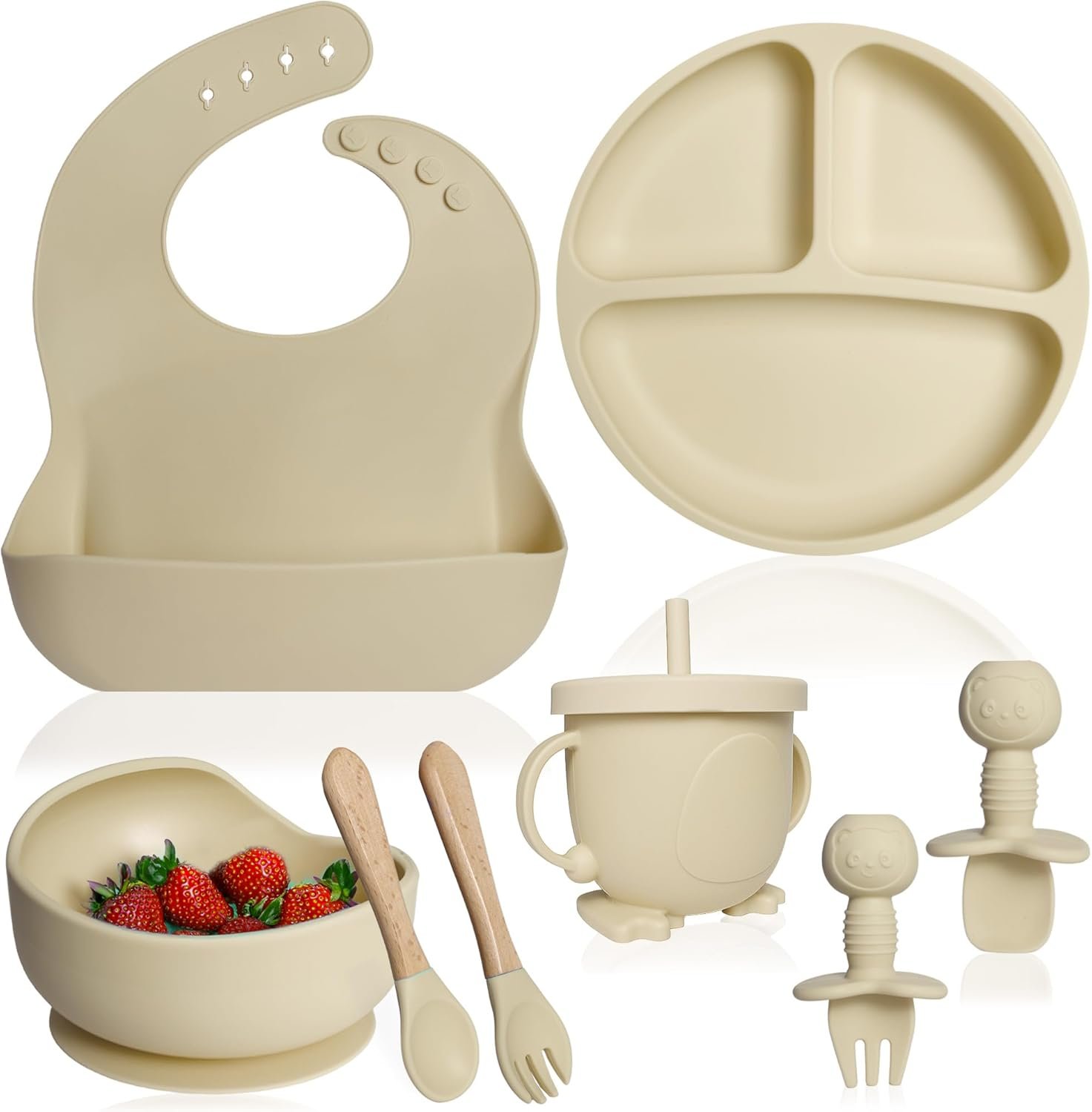 Bluet B- Silicone Baby Feeding Set - Baby Led Weaning Supplies - Baby Spoons, Suction Bowl - Plate - Baby Utensils - Silicone Feeding Set for Baby First Foods, Infant Eating - 8pcs - Beige