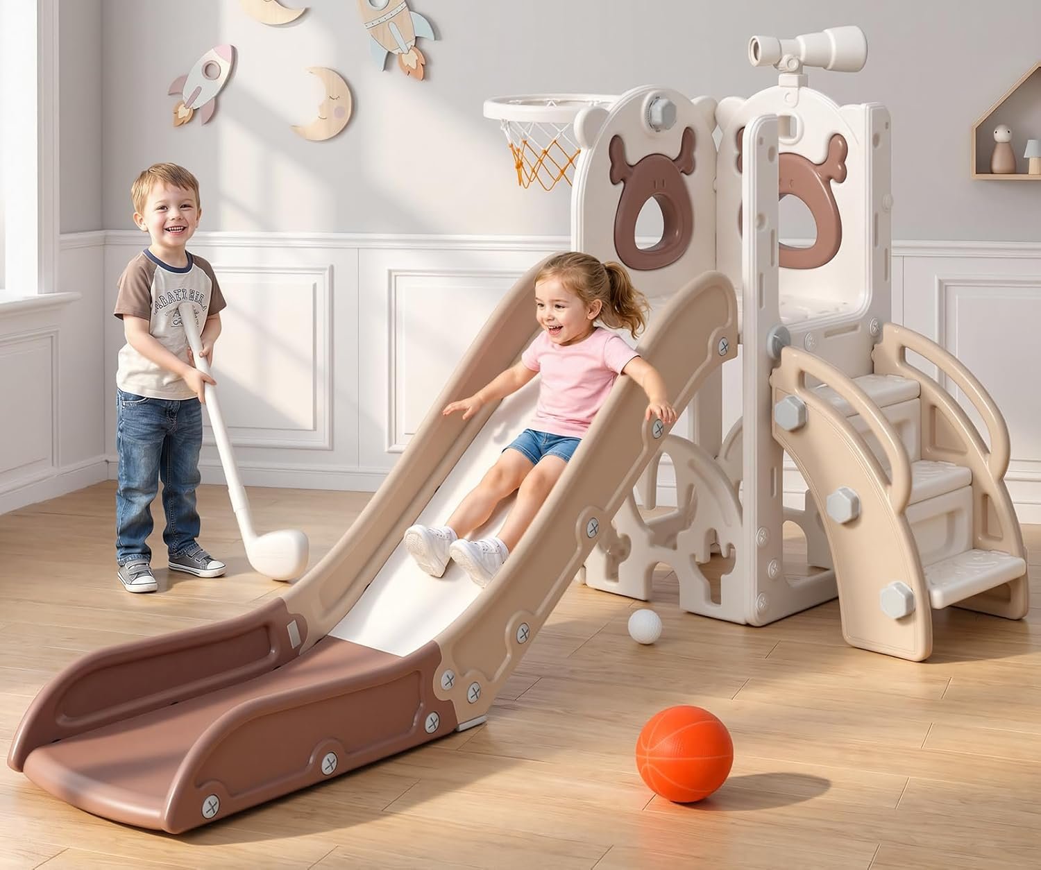 Mloong 7 in 1 Toddler Slide, Kids Slide for Toddlers Baby 1-3 Years Old, Indoor and Outdoor with Basketball Hoop Upgraded Golf for Kids Easy Assembly Elk Design(Beige & Rosy Brown)(28×62×39in)