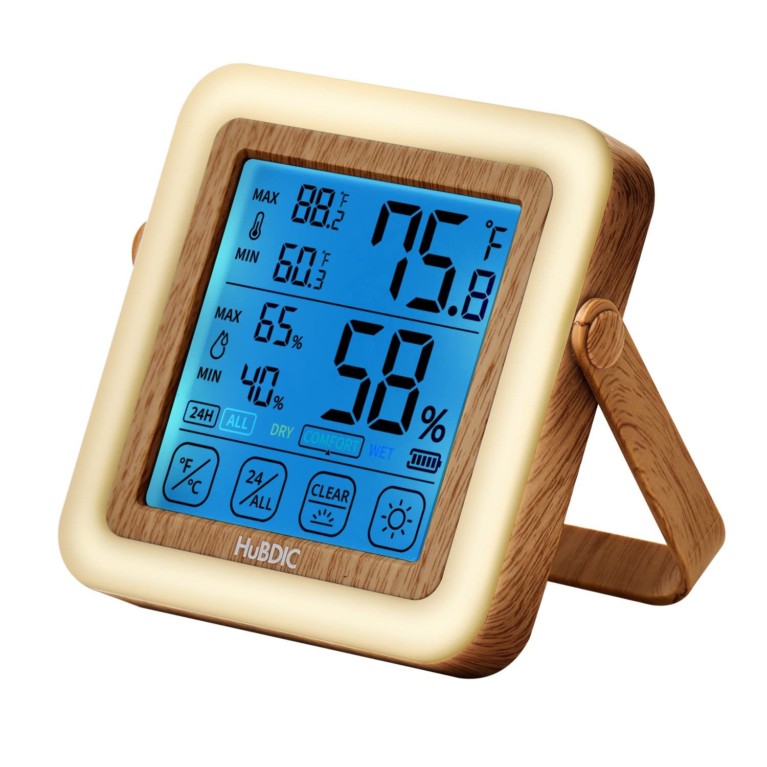 HuBDIC Digital Hygrometer Indoor Thermometer with Humidity Monitor, Room Temperature & Humidity Gauge for Home, Baby Room, Bedroom, Office, Greenhouse, Cellar, with Portable Night Light (Light Wood)