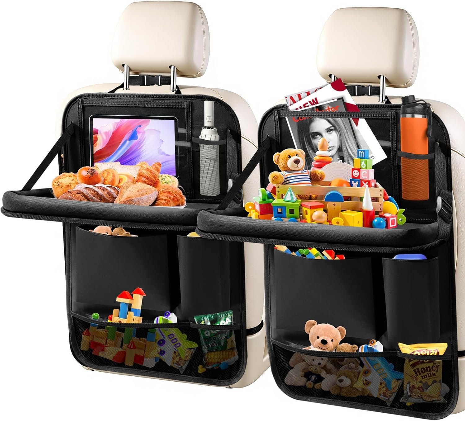 2Pack Car Backseat Organizer with Foldable Table Tray,6 Storage Pockets Car Storage Organizer with Tablet Holder,Car Seat Back Protectors Kick Mats Travel Accessories (Black)